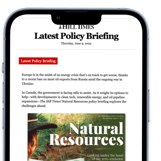 Phone mockup of Policy Briefings newsletter.