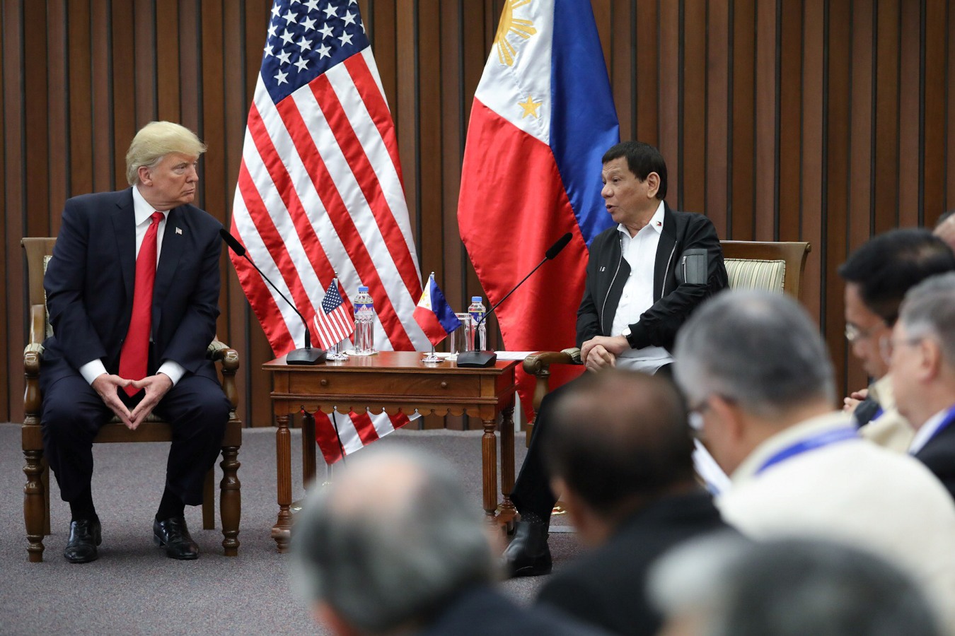 President Rodrigo Roa Duterte and US President Donald Trump discuss matters during a bilateral meeting at the Philippine International Convention Center in Pasay City on November 13, 2017. ROBINSON NIÑAL JR./PRESIDENTIAL PHOTO