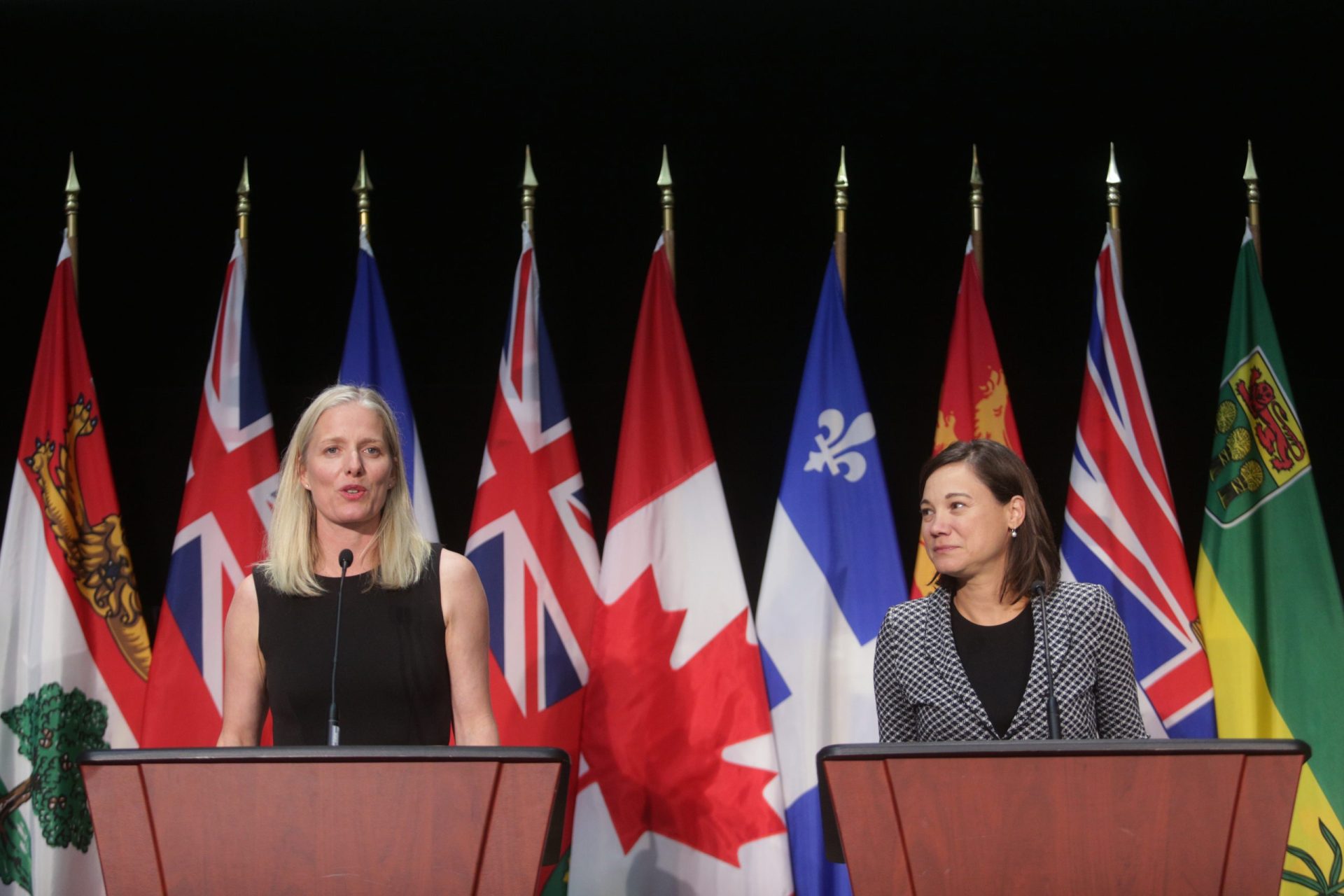 Minister of Environment and Climate Change, Catherine McKenna and Alberta’s Minister of Environment and Parks and the Minister Responsible for the Climate Change Office, Shannon Phillips, hold a press conference following a meeting with provincial and territorial environment ministers to discuss parks, protected areas, conservation, wildlife, and biodiversity in Canada on June 28, 2018.