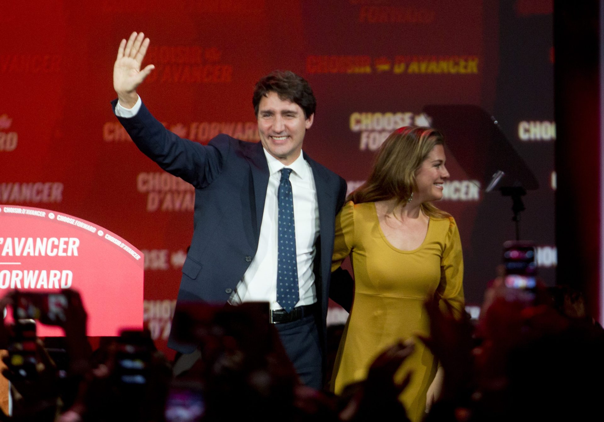 Prime Minister Justin Trudeau addresses supporters in attendance at an election day rally after securing a second term minority government, in Montreal on Oct. 21, 2019.