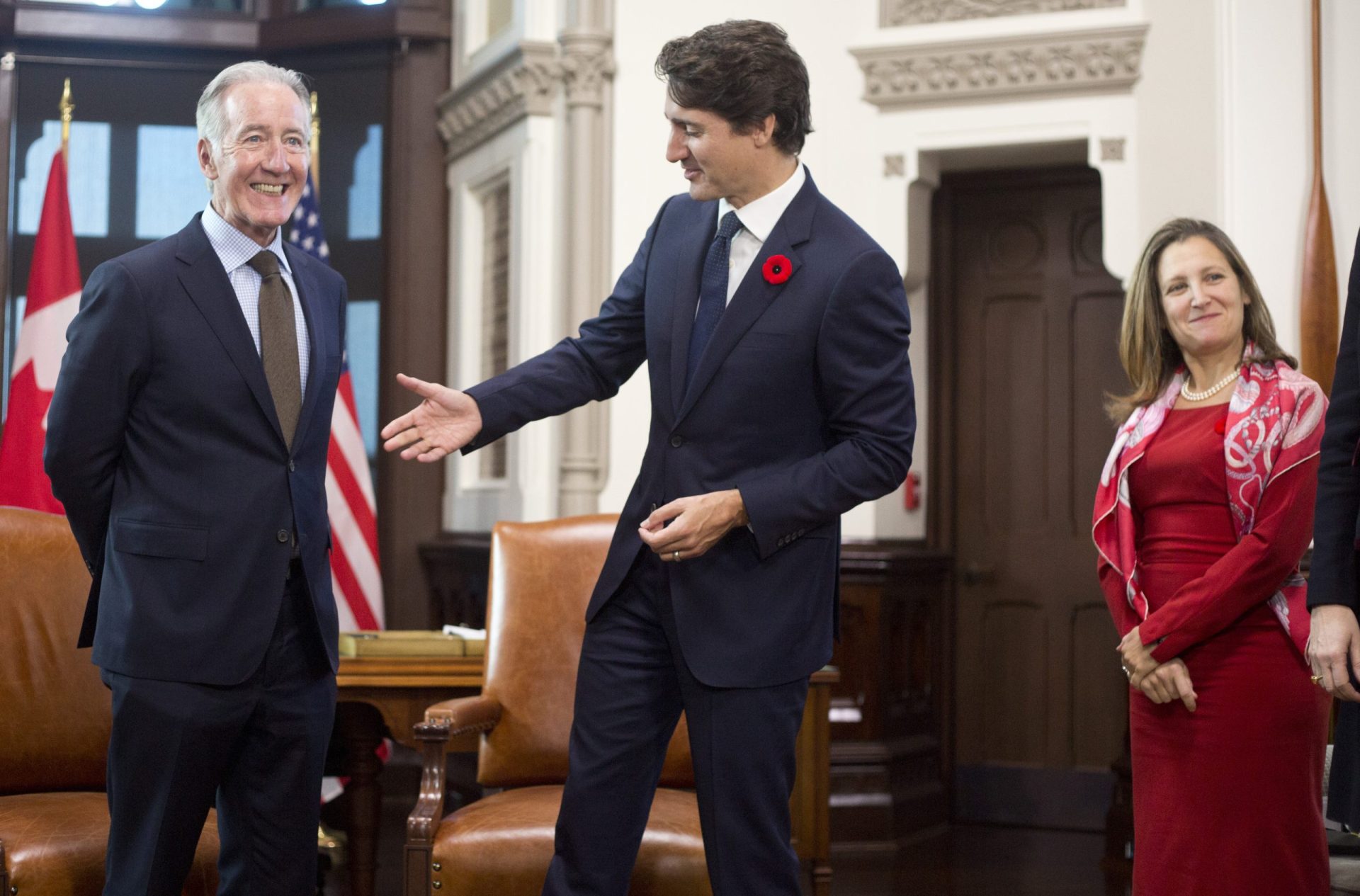 Prime Minister meets with Richard E. Neal, Chairman of the Committee on Ways and Means of the United States House of Representatives, along with Minister of Foreign Affairs Chrystia Freeland in his office on Parliament Hill on Nov. 6, 2019.