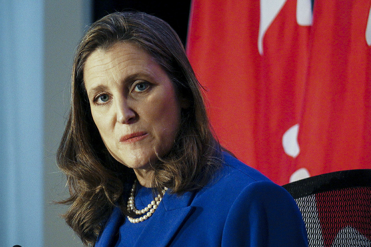 Finance Minister Chrystia Freeland holds a press conference at the Westin Ottawa before delivering the 2022 budget speech in the House of Commons on April 7, 2022. The Hill Times photograph by Sam Garcia