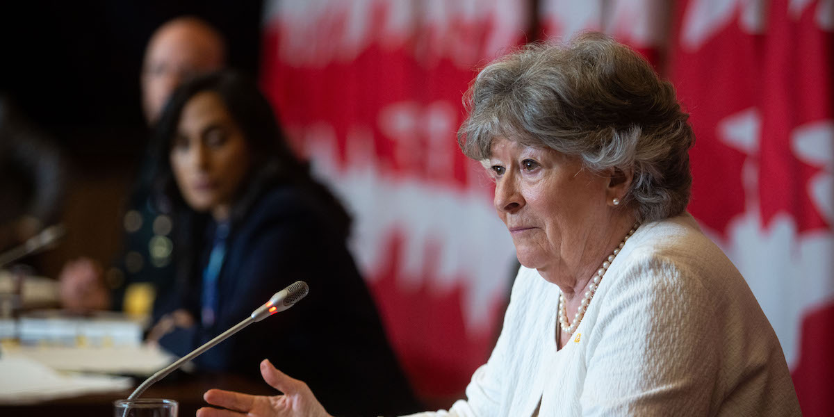 Former Supreme Court Justice Louise Arbour takes part in a press conference on May 30, 2022, to speak about the release of the final report of the Independent External Comprehensive Review into Sexual Misconduct and Sexual Harassment in the Department of National Defence and the Canadian Armed Forces.