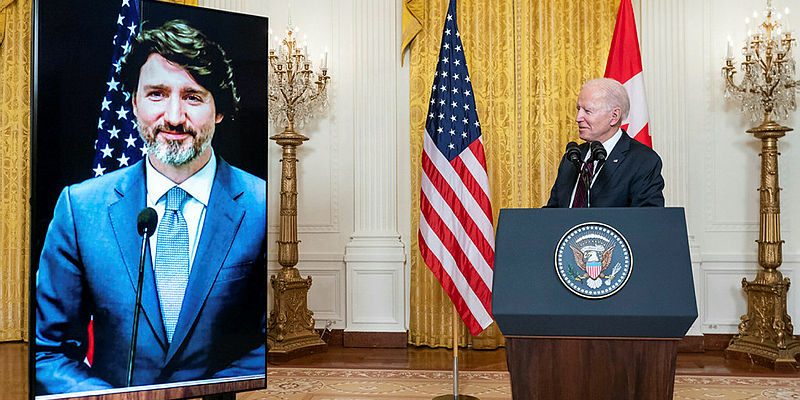 U.S. President Joe Biden, pictured Feb. 23, 2021, delivering a virtual joint press statement with Canadian Prime Minister Justin Trudeau in the East Room of the White House. Canada’s new Indo-Pacific strategy is about the Trudeau’s Liberals propping up the U.S. Democrats on the one hand, and fighting off the Conservatives on the other, writes Bhagwant Sandhu. Photograph courtesy of White House official photographer Adam Schultz