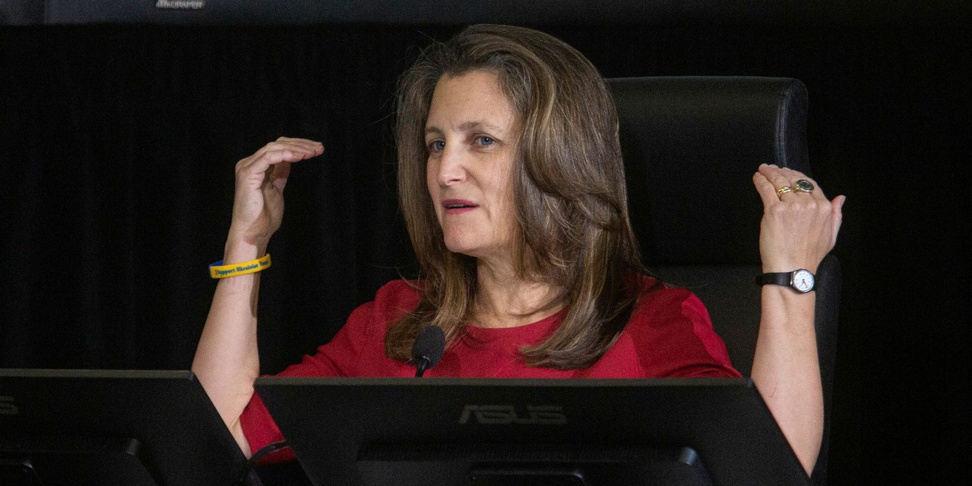 Deputy Prime Minister Chrystia Freeland appears before the Public Emergency Order Commission at Library and Archives Canada in Ottawa on  Nov. 24, 2022, to provide testimony about the winter 2022 Freedom Convoy occupation of Ottawa. The Hill Times photograph by Andrew Meade