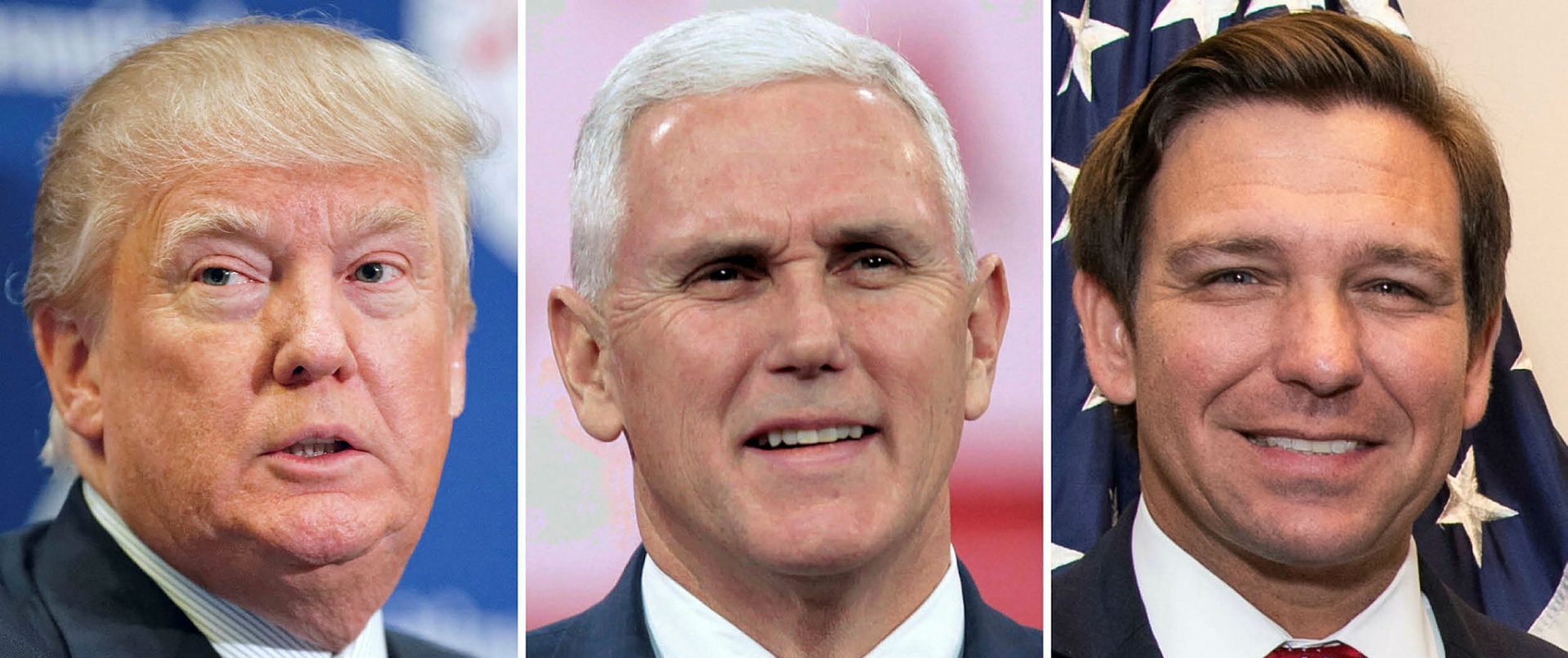 Donald Trump, Mike Pence, and Ron DeSantis. Photographs courtesy of Wikimedia Commons
