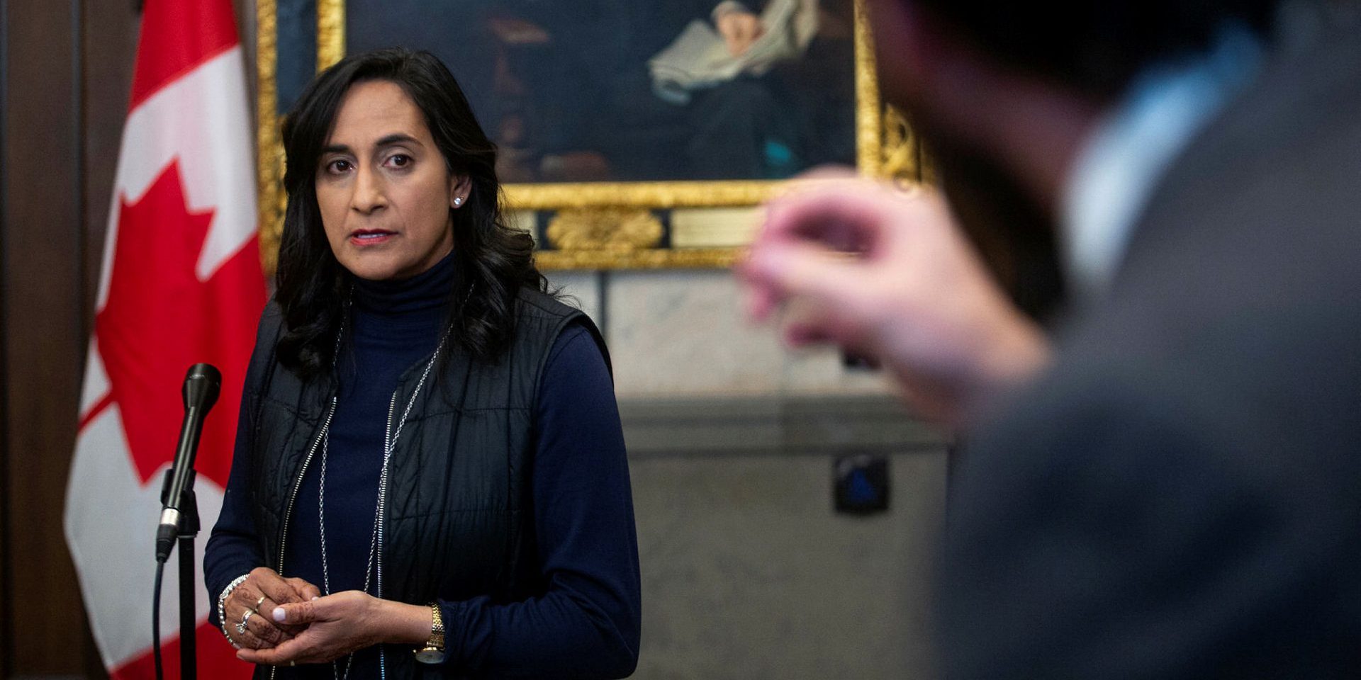 Minister of National Defence Anita Anand takes questions from reporters outside the House of Commons before Question Period on  Oct. 24, 2022. The Hill Times photograph by Andrew Meade