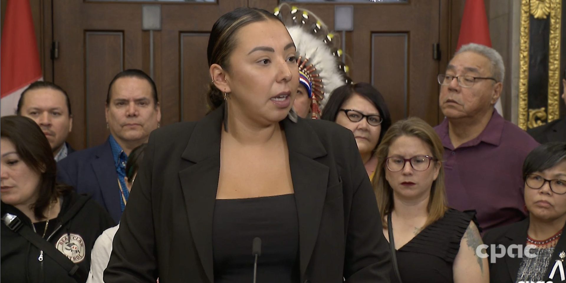 Long Plain First Nation Chief Kyra Wilson speaks to reporters in West Block on Dec. 6.  CPAC screenshot