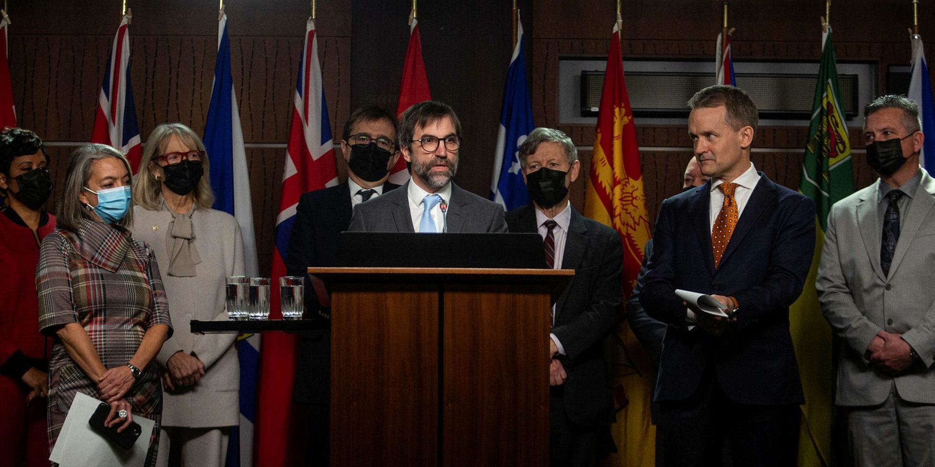 Steven Guilbeault, Minister of Environment and Climate Change, alongside the Honourable Seamus O'Regan Jr., Minister of Labour, hold a press conference in West Block on  Nov. 22, {iptcyear4, to outline the federal carbon pollution pricing systems. The Hill Times photograph by Andrew Meade