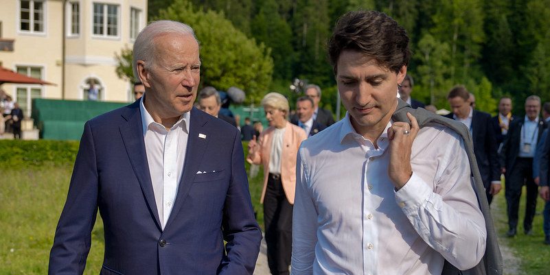 President Joe Biden walks with Prime Minister Justin Trudeau of Canada after G7 leaders delivered remarks at the launch of the Partnership for Global Infrastructure during the G7 summit, Sunday, June 26, 2022, at Schloss Elmau in Krün, Germany. (Official White House Photo by Adam Schultz)
