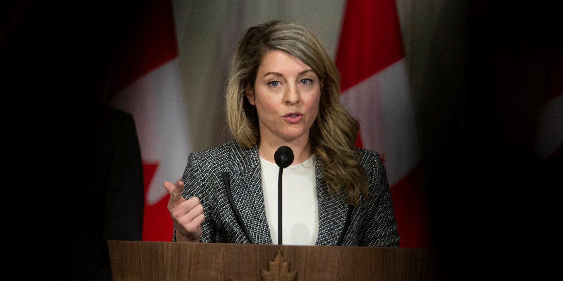 Minister of Foreign Affairs Mélanie Joly speaks during a press conference at the Sir John A. Macdonald building on Feb. 22, 2022 to provide an update on the government’s response to Russian aggression in eastern Ukraine. The Hill Times photograph by Andrew Meade