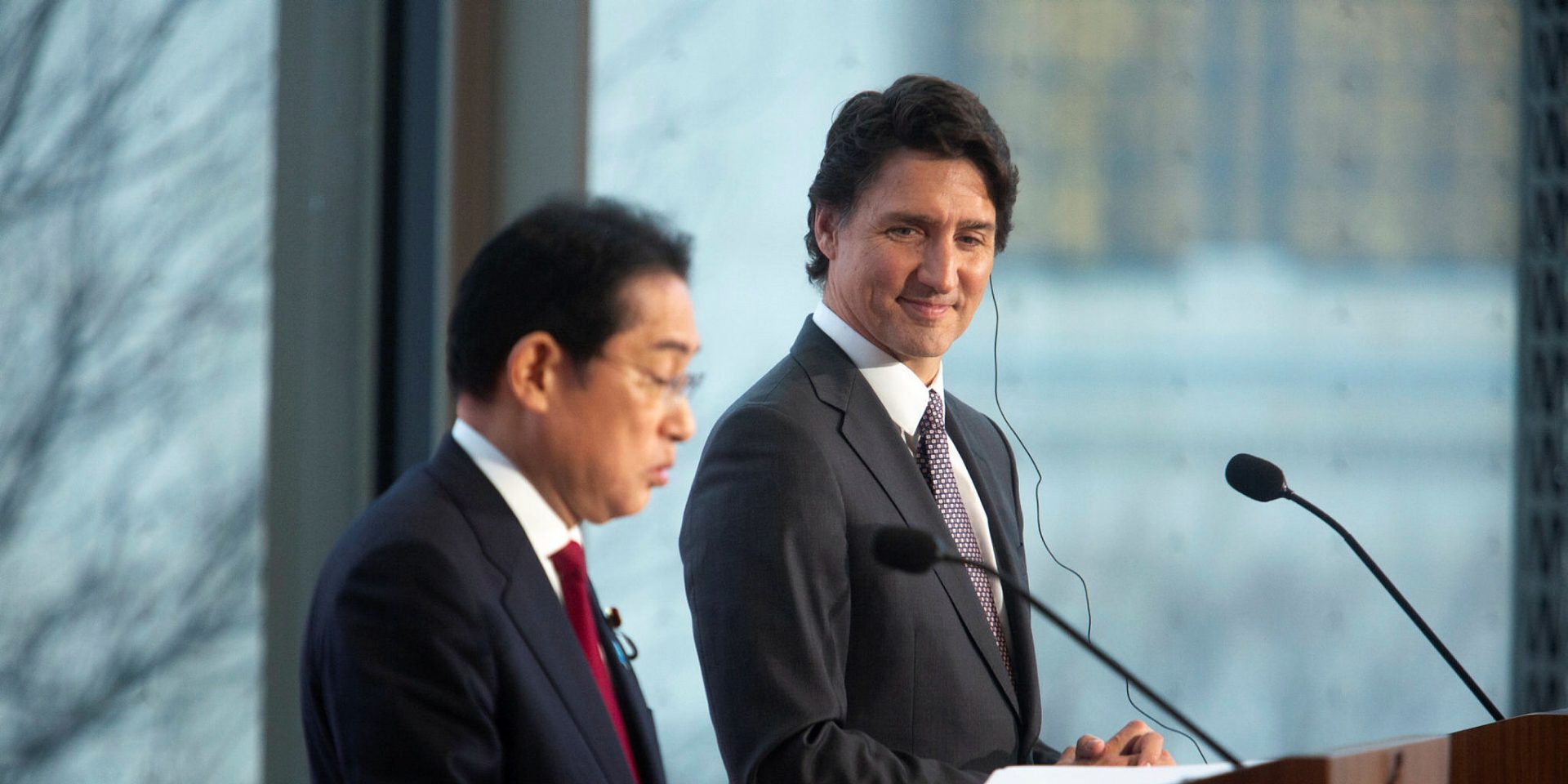 Prime Minister Justin Trudeau and  Japanese Prime Minister Kishida Fumio hold a joint media availability at the National Arts Centre in Ottawa on Jan. 12, 2023. The Hill Times photograph by Andrew Meade