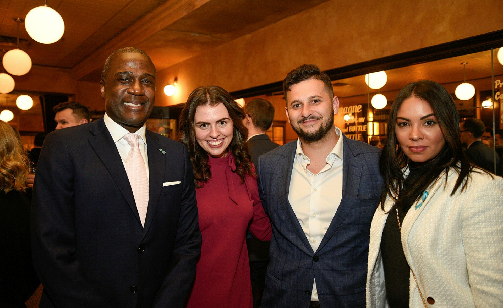 Organizer George Wamala, director of regulatory and government affairs at RBC, left; Brooklyn Mattison, senior advisor at RBC, Anthony Koch, strategist; and Anaida Poilievre, wife of Conservative Party leader Pierre Poilievre at 'The Dance for Her' Ovarian Cancer Fundraiser at Métropolitain Brasserie on January 16, 2023.
