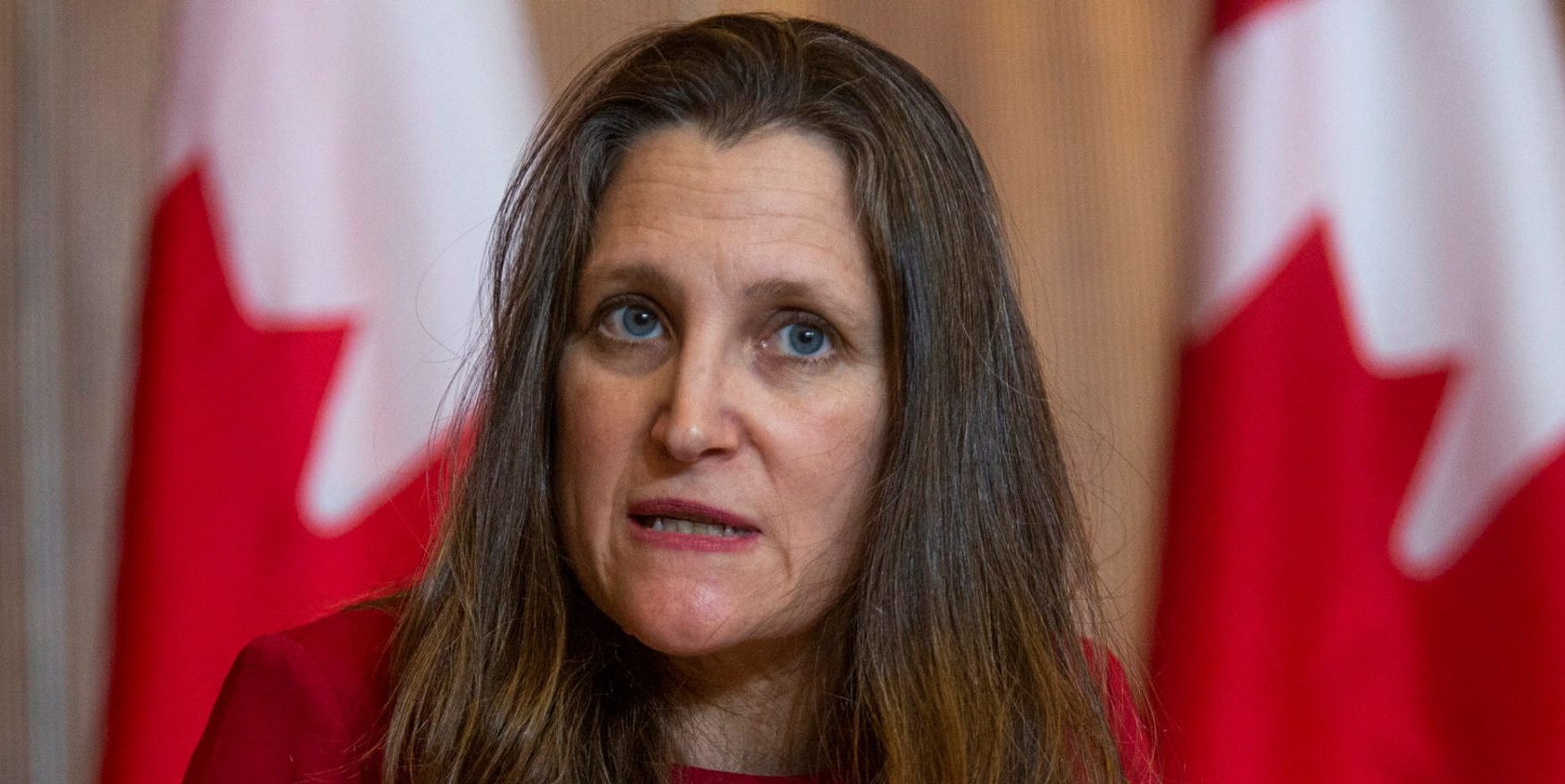 Deputy Prime Minister Chrystia Freeland speaks with reporters during a press conference at the Sir John A. Macdonald building on Feb. 23, 2022 to announce the revocation of the Emergencies Act brought forward in response to nation-wide blockades and anti-mandate protests stemming from the Freedom Convoy. The Hill Times photograph by Andrew Meade