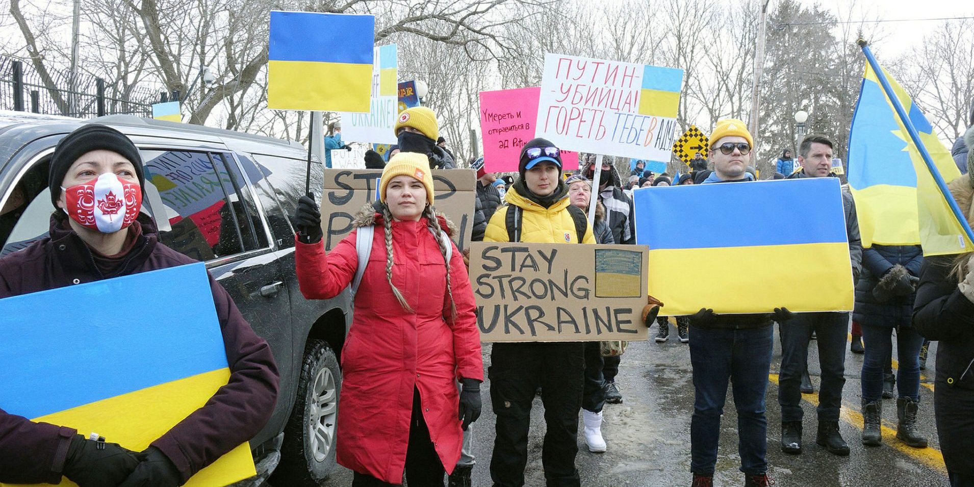 A rally in support of Ukraine takes place in front of the Russian Embassy in Ottawa on Feb. 27, 2022. The Hill Times photograph by Sam Garcia