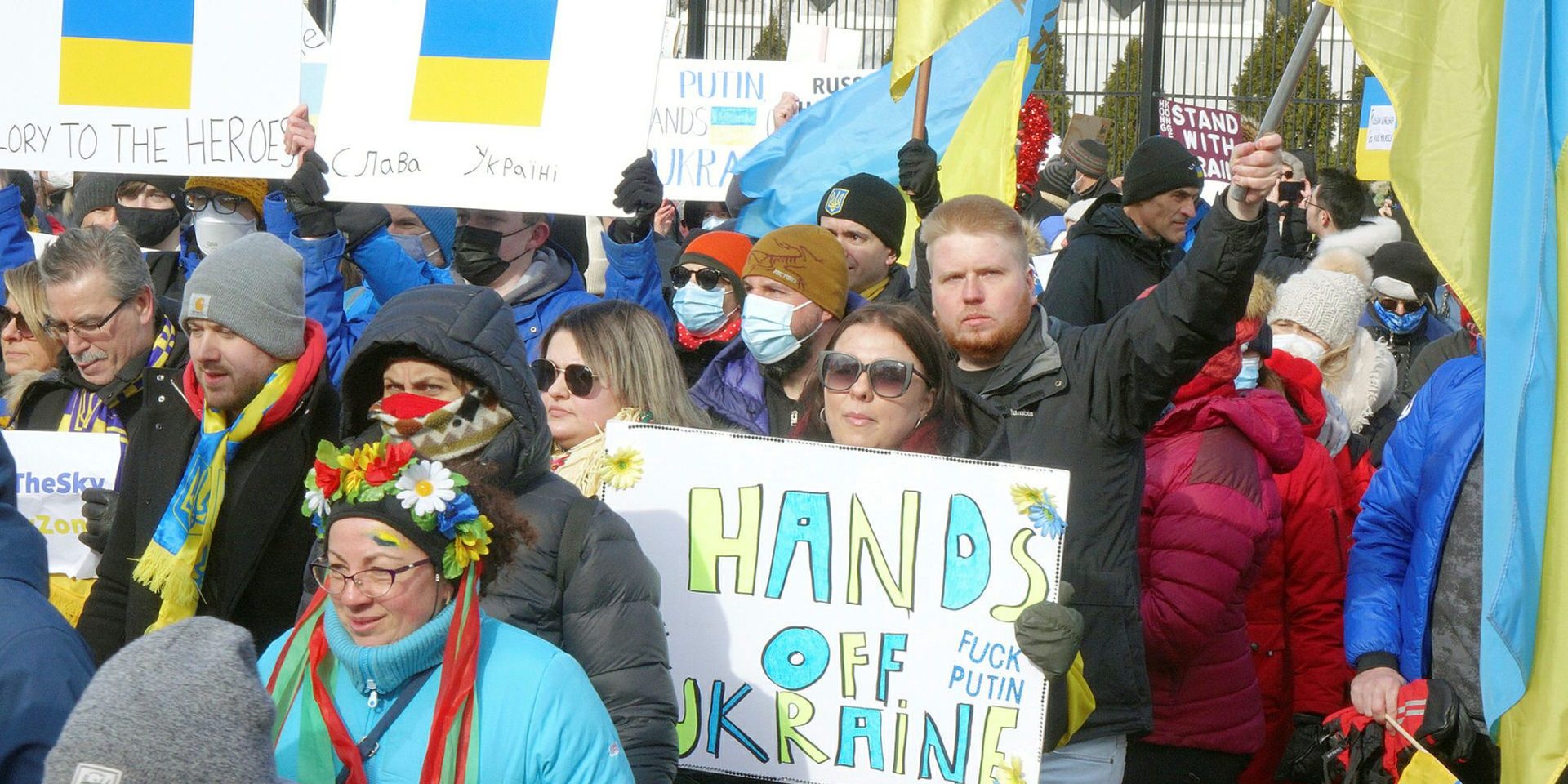 A rally in support of Ukraine takes place in front of the Russian Embassy in Ottawa on Feb. 27, 2022. The Ukrainian Canadian Congress is hosting events in Ottawa on Feb. 24 to mark the one-year anniversary of the invasion. The Hill Times photograph by Sam Garcia