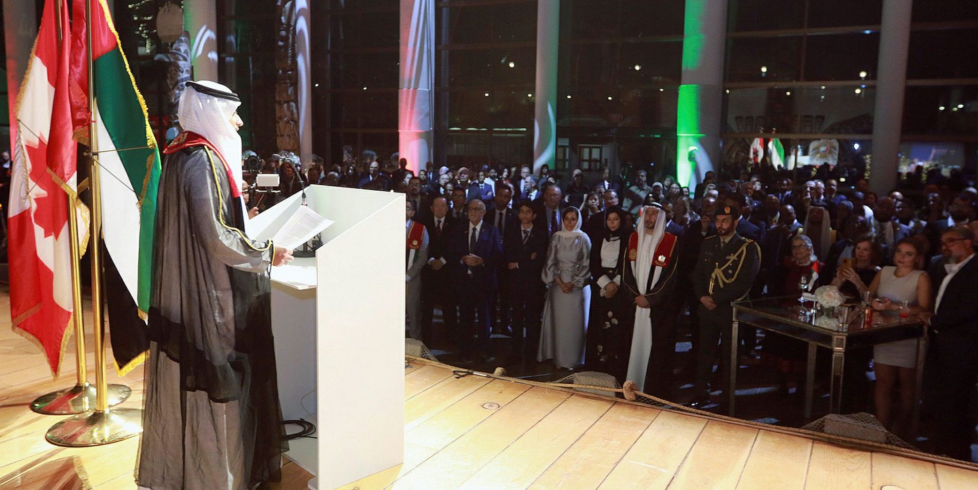 United Arab Emirates Ambassador Fahad Saeed Al Raqbani addresses a few hundred guests at the UAE’s national day party on Nov. 30, 2022, at the Canadian Museum of History. The Hill Times photograph by Sam Garcia