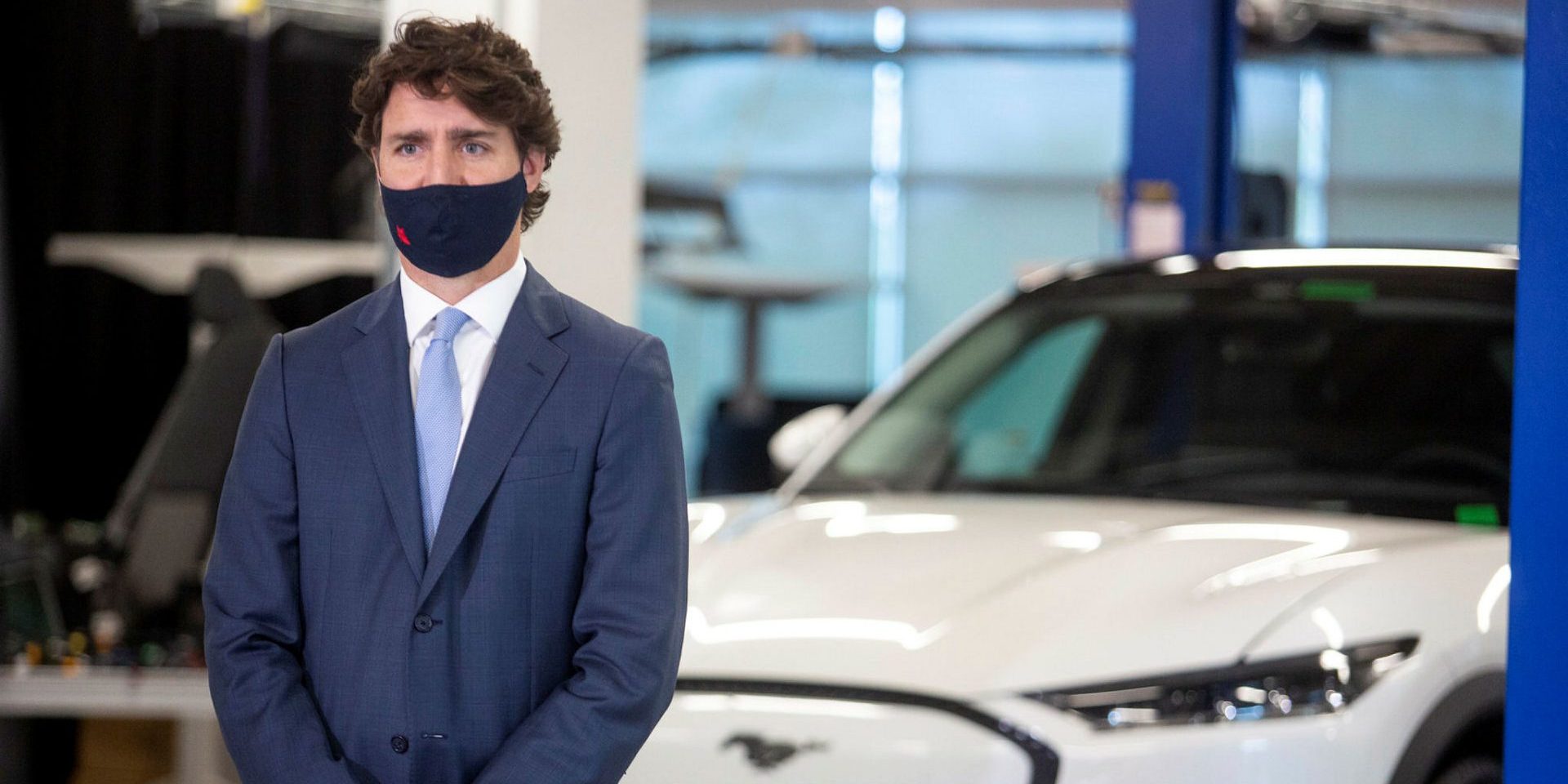 Prime Minister Justin Trudeau attends a press conference at the Ford Connectivity and Innovation Centre in Ottawa on Oct. 8, 2020 to announce the retooling of the Oakville Ford assembly plant to produce electric vehicles. The Hill Times photograph by Andrew Meade