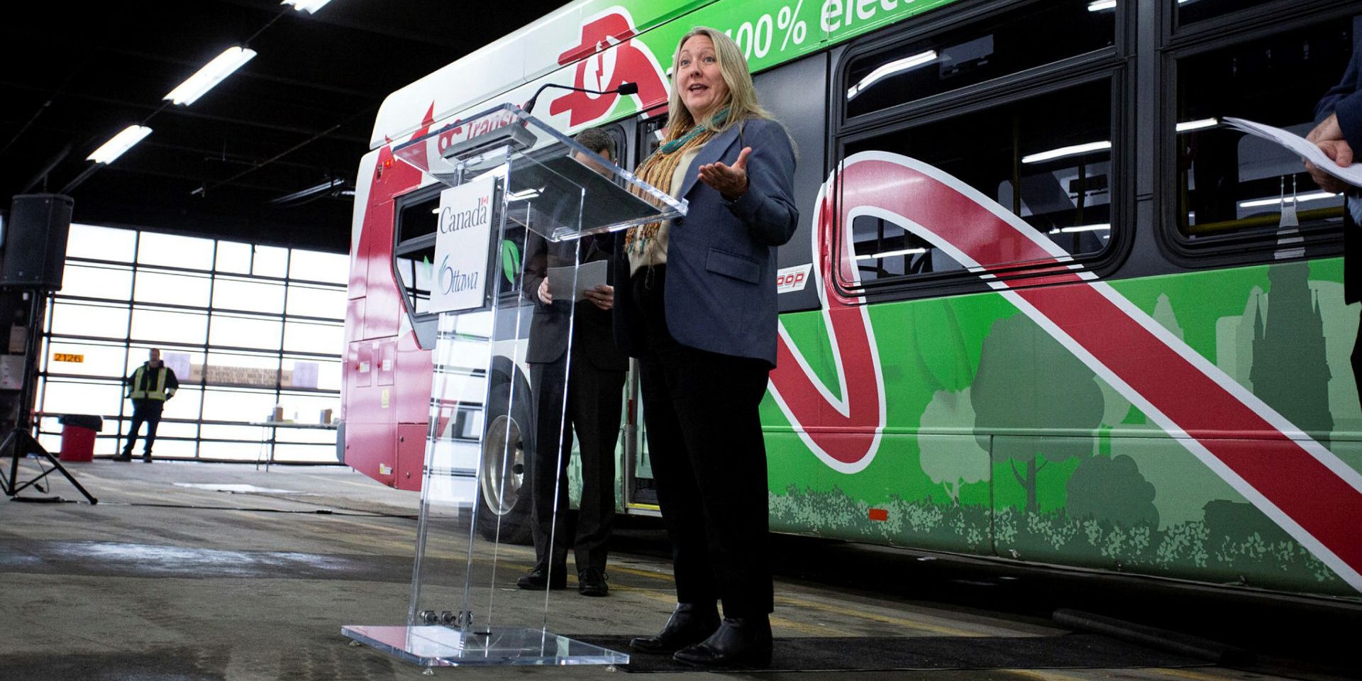 Treasury Board President Mona Fortier makes an announcement about zero-emission public transit infrastructure for the OCTranspo fleet in Ottawa on Jan. 19. The Hill Times photograph by Andrew Meade