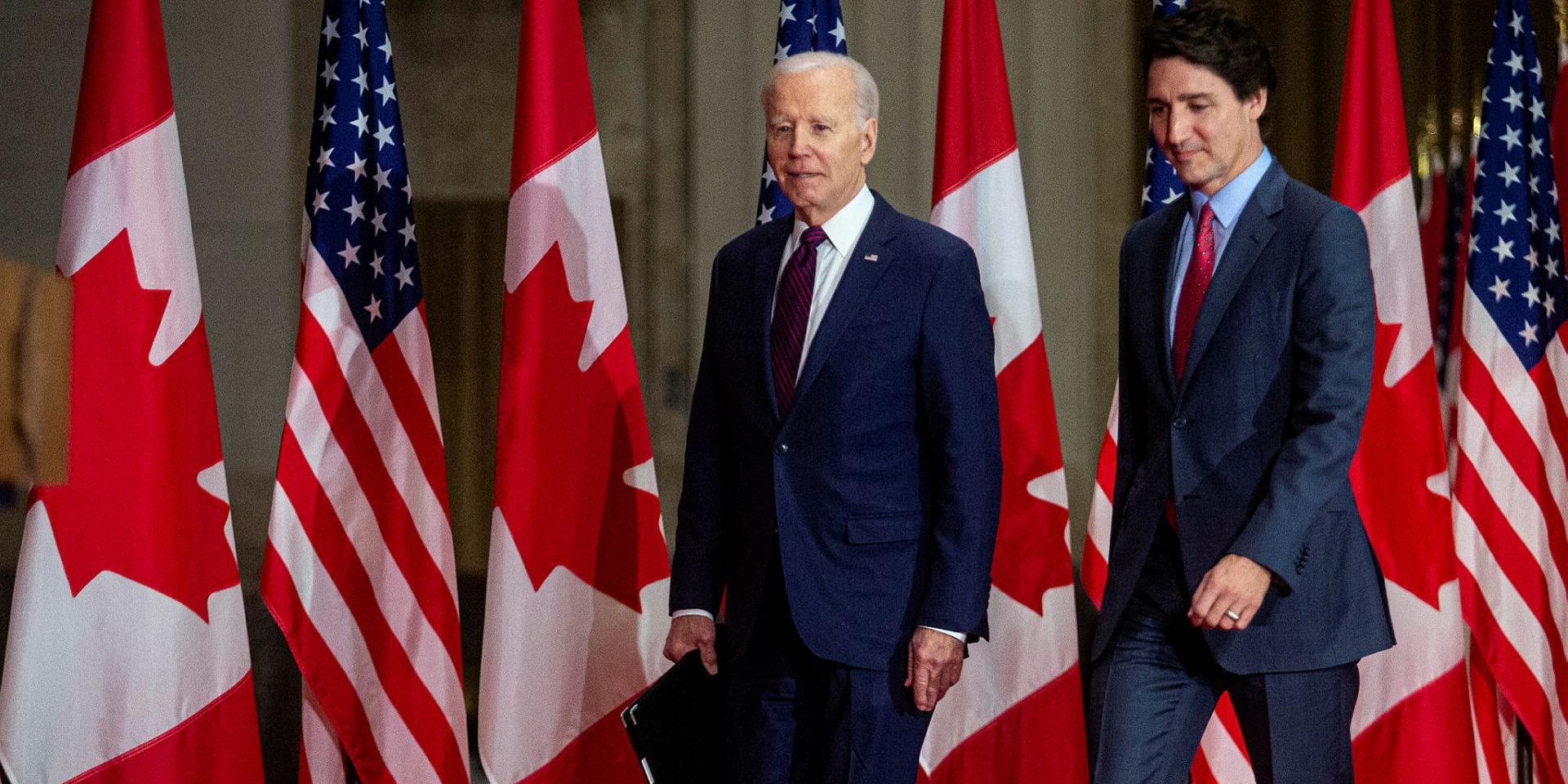 Prime Minister Justin Trudeau and President Joe Biden arrive for a joint press conference  at the Sir John A. Macdonald Building in Ottawa on March 24, 2023. Andrew Meade