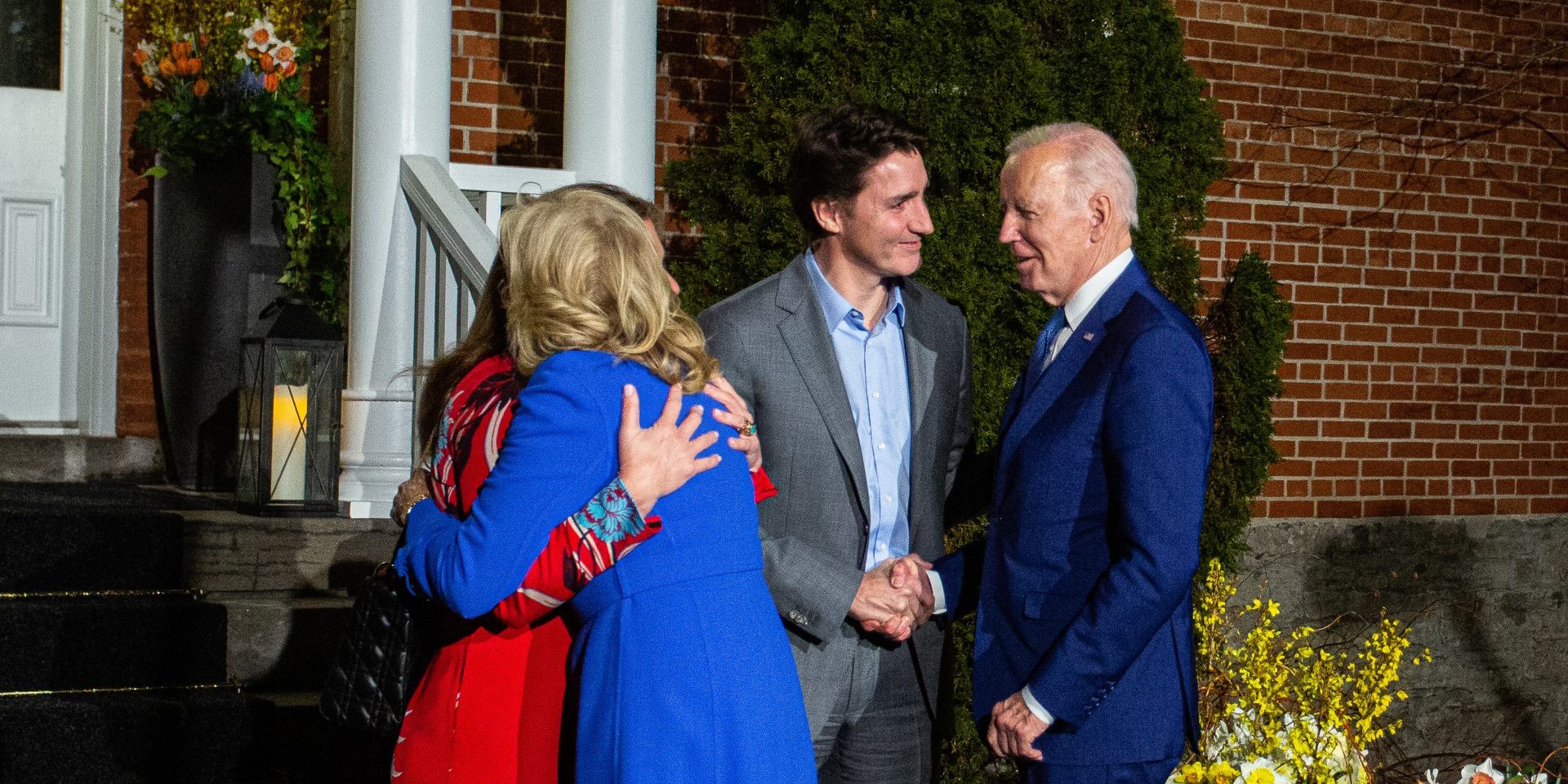 Prime Minister Justin Trudeau and Sophie Gregoire Trudeau greet President of the United States of America Joe Biden and First Lady Jill Biden at Rideau Cottage in Ottawa on  March 23, 2023, for his first state visit to Canada. The Hill Times photograph by Andrew Meade