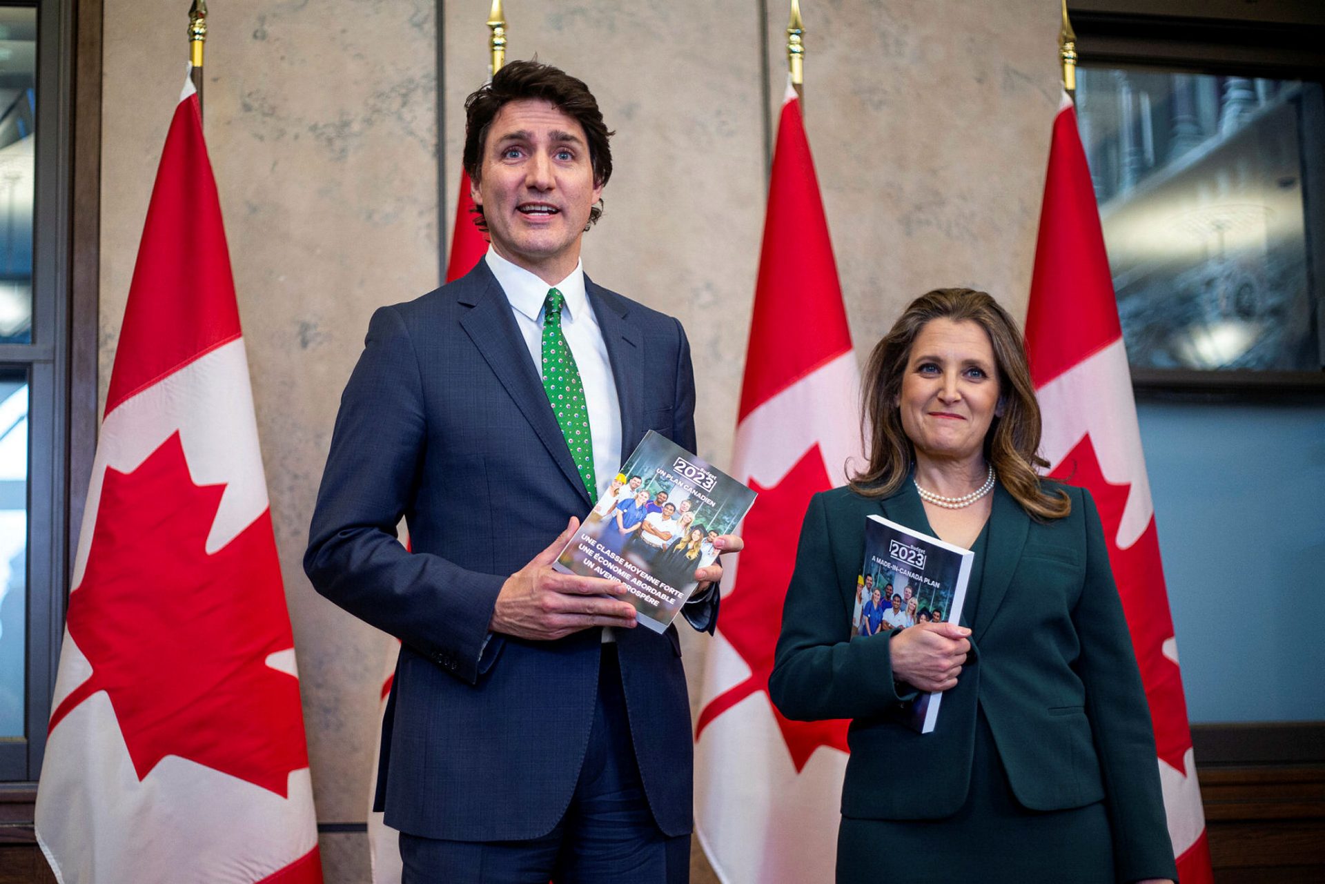 Prime Minister Justin Trudeau and Finance Minister Chrystia Freeland hold a photo op in West Block on March 28, 2023, before tabling the 2023 budget in the House of Commons.
Andrew Meade