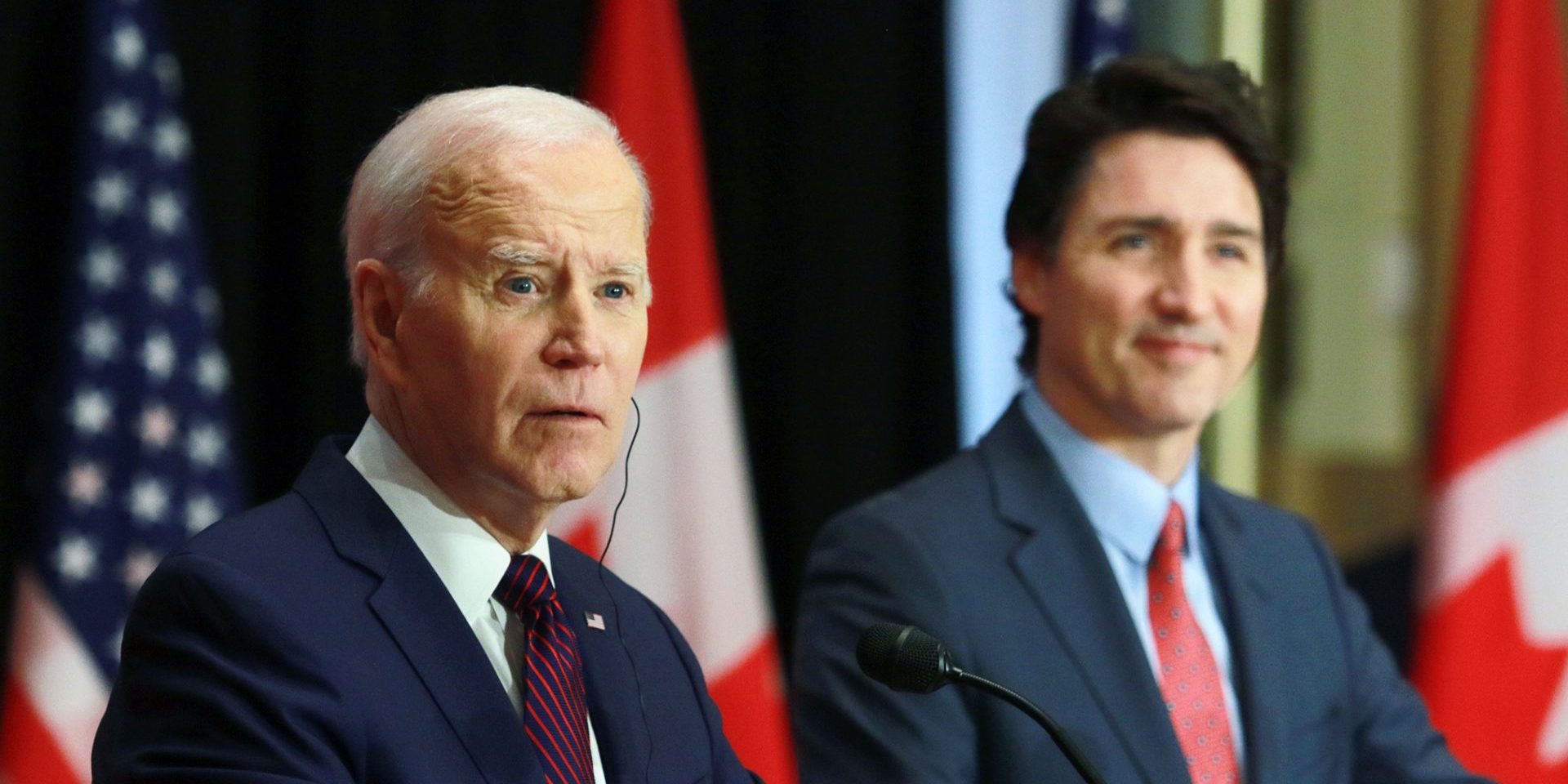 Official visit of the president of US to Ottawa. March 24, 2023.   Media availability at the Sir John A Macdonald building. US president Joe Biden and PM Justin Trudeau. The Hill Times photograph by Sam Garcia