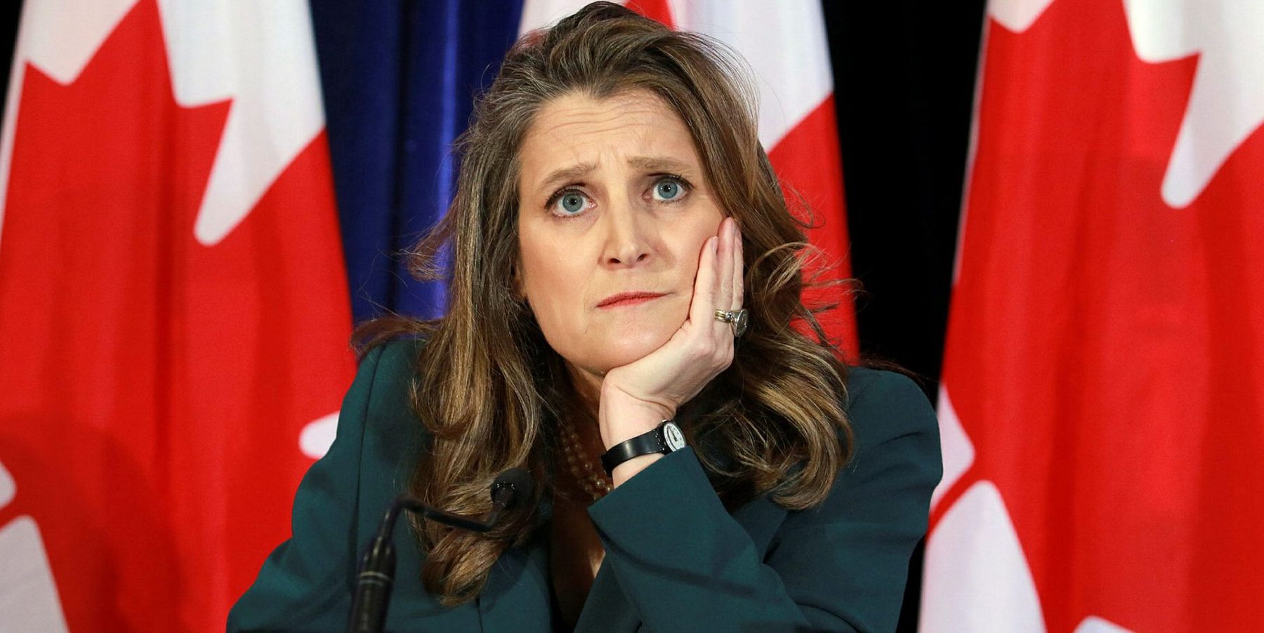 Budget Day 2023. March 28, 2023 at Westin Hotel and West Block Parliament Hill. Minister of Finance
Deputy Prime Minister,  Chrystia Freeland answering questions of the media.  The Hill Times photograph by Sam Garcia