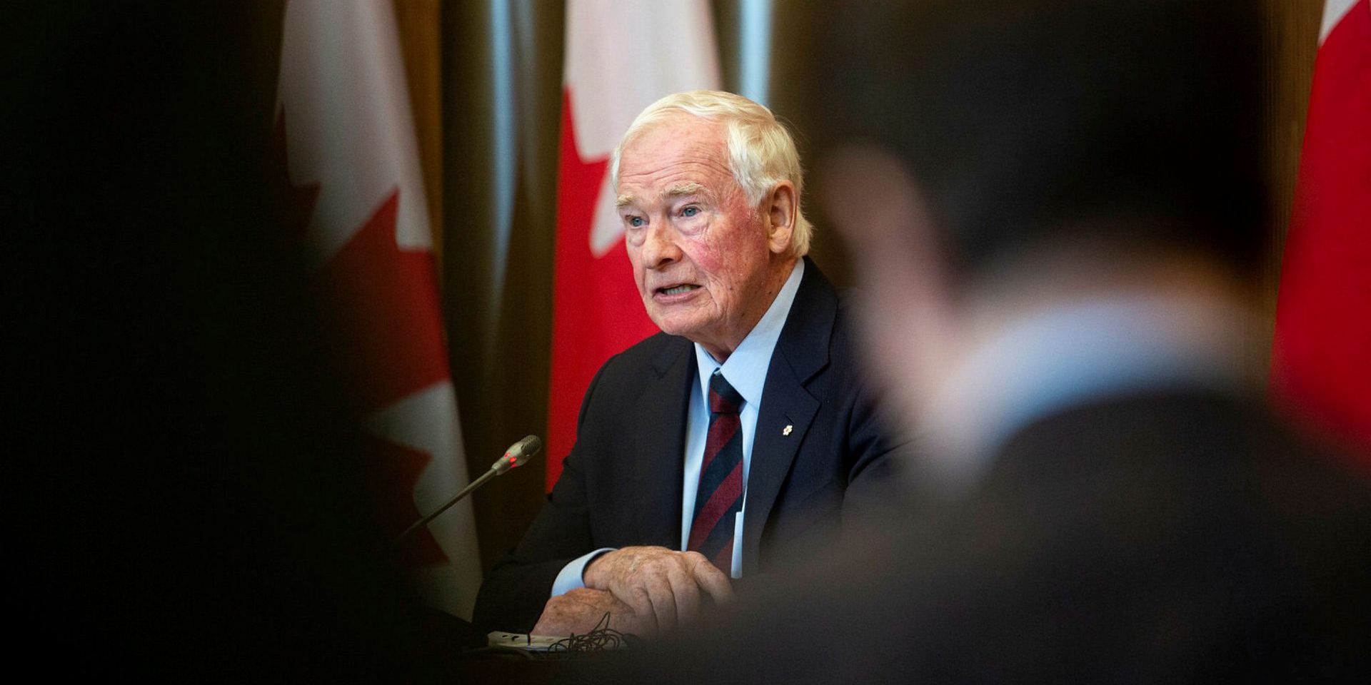 Hon. David Johnston,  Independent Special Rapporteur on Foreign Interference, holds a press conference on  May 23, 2023, after presenting his first report. Andrew Meade