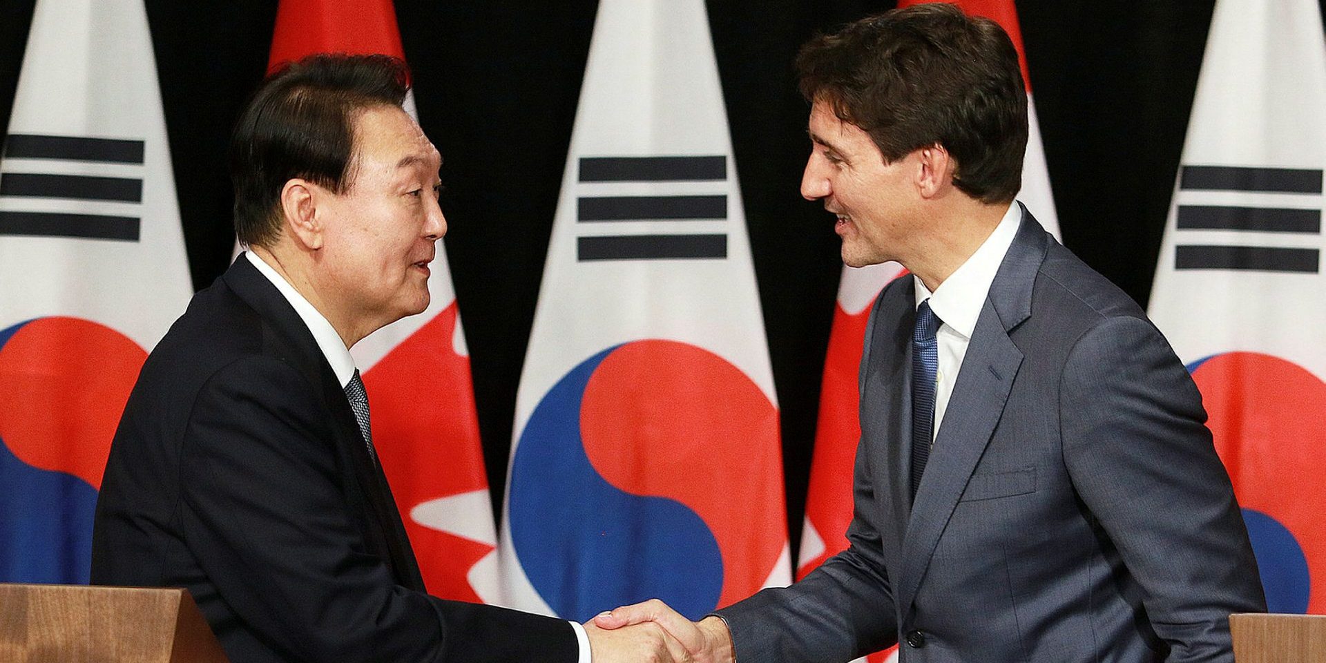 PM Justin Trudeau and the President of South Korea, Yoon Suk Yeol  at a press conference. September 23, 2022 at Sir John A MacDonald building. The Hill Times photograph by Sam Garcia.