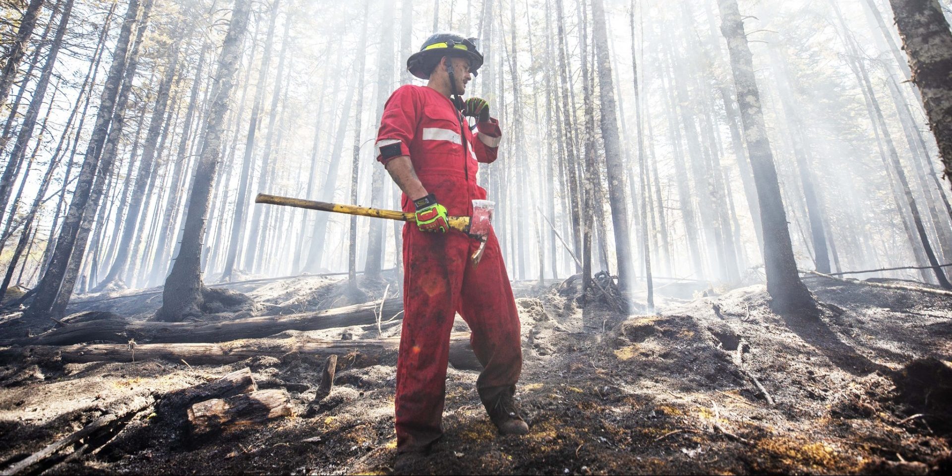 Halifax Regional Fire and Emergency firefighter Zach Rafuse at the Tantallon fire in Nova Scotia. Photograph courtesy of Communications Nova Scotia/Facebook