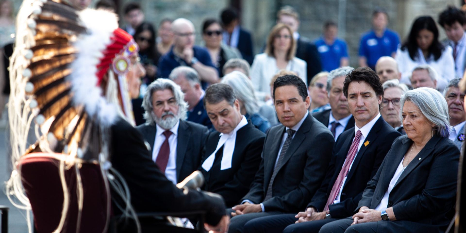 Governor General Mary Simon, Prime Minister Justin Trudeau, ITK president Natan Obed, House Speaker Anthony Rota and Minister of Canadian Heritage Pablo Rodriguez attend the unveiling ceremony on  June 20, 2023,  for the location of the Residential School National Monument on Parliament Hill.