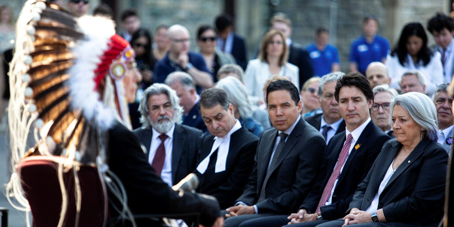 Governor General Mary Simon, Prime Minister Justin Trudeau, ITK president Natan Obed, House Speaker Anthony Rota and Minister of Canadian Heritage Pablo Rodriguez attend the unveiling ceremony on  June 20, 2023,  for the location of the Residential School National Monument on Parliament Hill. Andrew Meade
