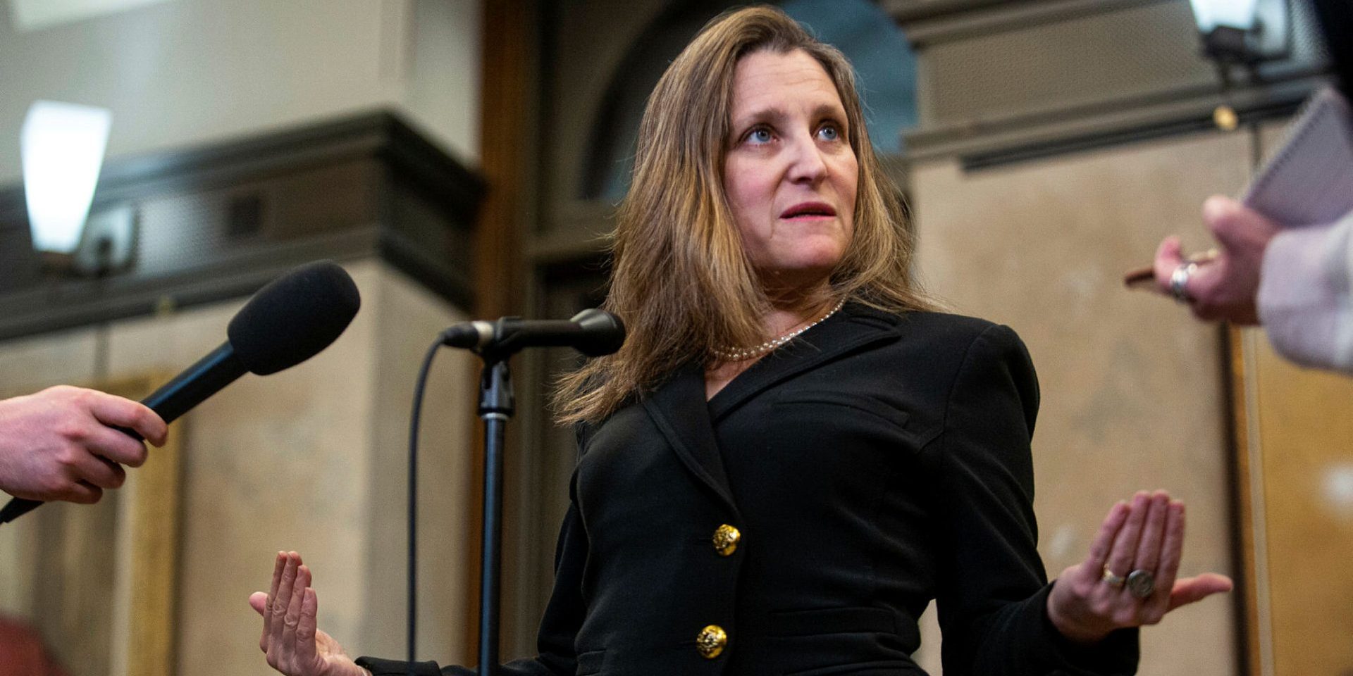 Minister of Finance Chrystia Freeland scrums with reporters after the Liberal party caucus meeting in West Block  on May 17, 2023, to answer questions abut the dispute over the Stellantis facility in Windsor. Andrew Meade