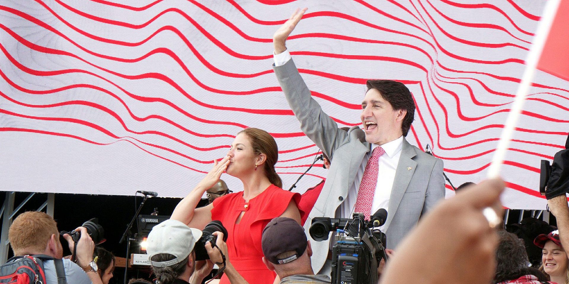 2022 Canada Day celebration July 1st. at LeBreton Flats and Parliament Hill.   Sophie Grégoire and Justin Trudeau departing the stage.  The Hill Times photograph by Sam Garcia.