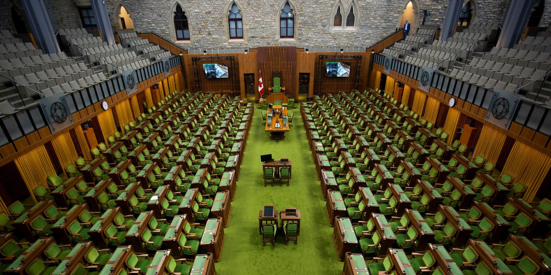 The House of Commons chamber has been outfitted with large video screens and capabilities to allow members to take part in hybrid in person and virtual fittings as response to the COVID-19 pandemic on June 4, 2020. Andrew Meade