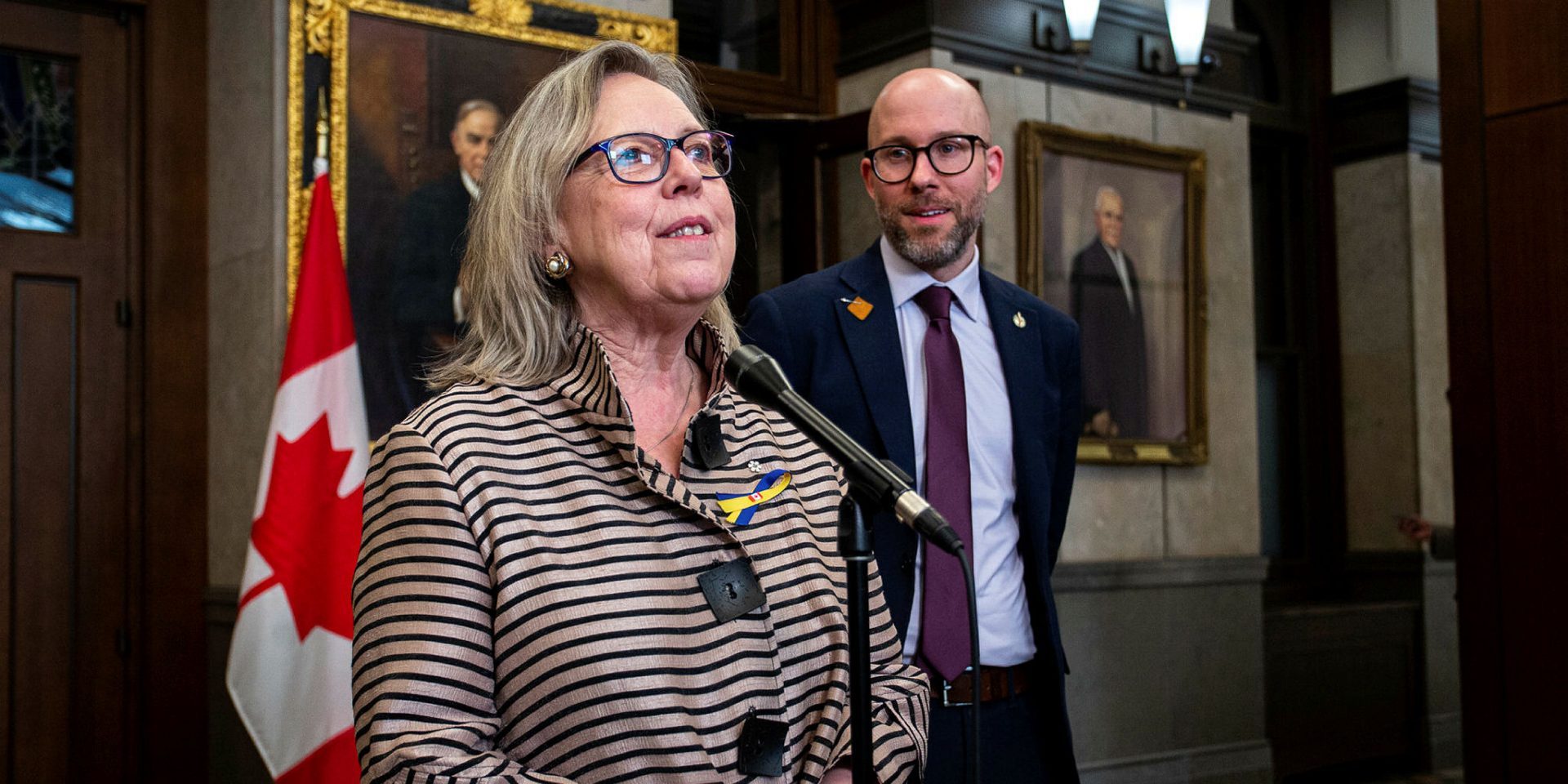Green Party leader Elizabeth May takes questions from reporters before Question Period on  March 8, 2023. Andrew Meade