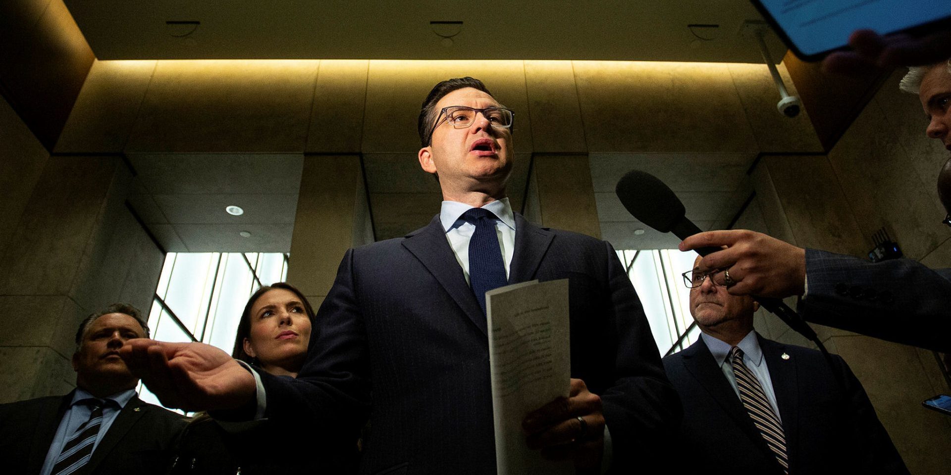 Conservative Party leader Pierre Poilievre speaks with reporters outside the Conservative party caucus meeting in West Block  on June 14, 2023, and issues calls for Minister of Public Safety Marco Mendicino’s resignation. Andrew Meade