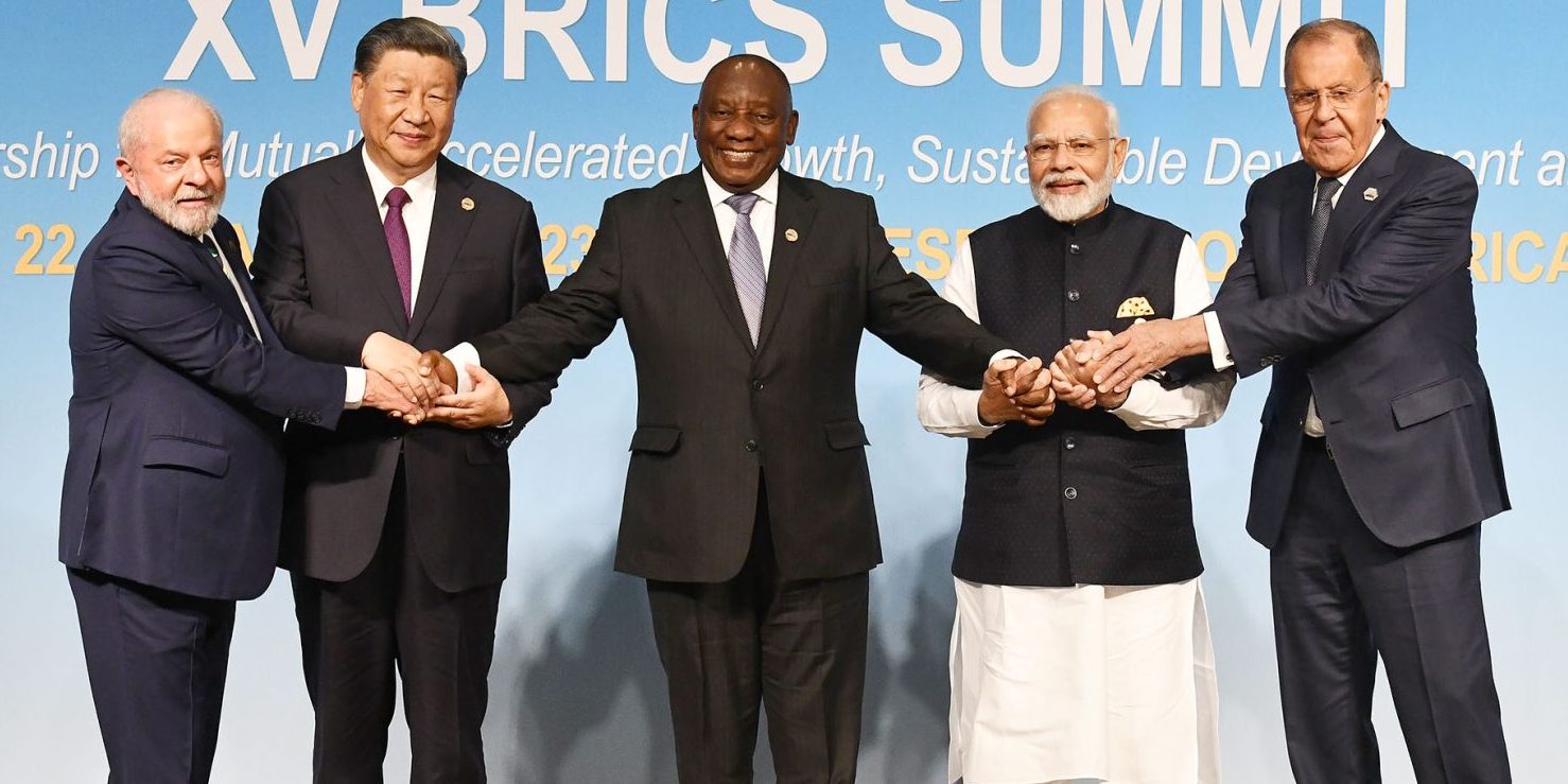 From left, Brazilian President Lula da Silva, Chinese President Xi Jinping, South African President Cyril Ramaphosa, Indian Prime Minister Narendra Modi, and Russian Foreign Minister Sergey Lavrov at the 2023 BRICS Summit in Johannesburg, South Africa. Photograph by Government of South Africa/Flickr