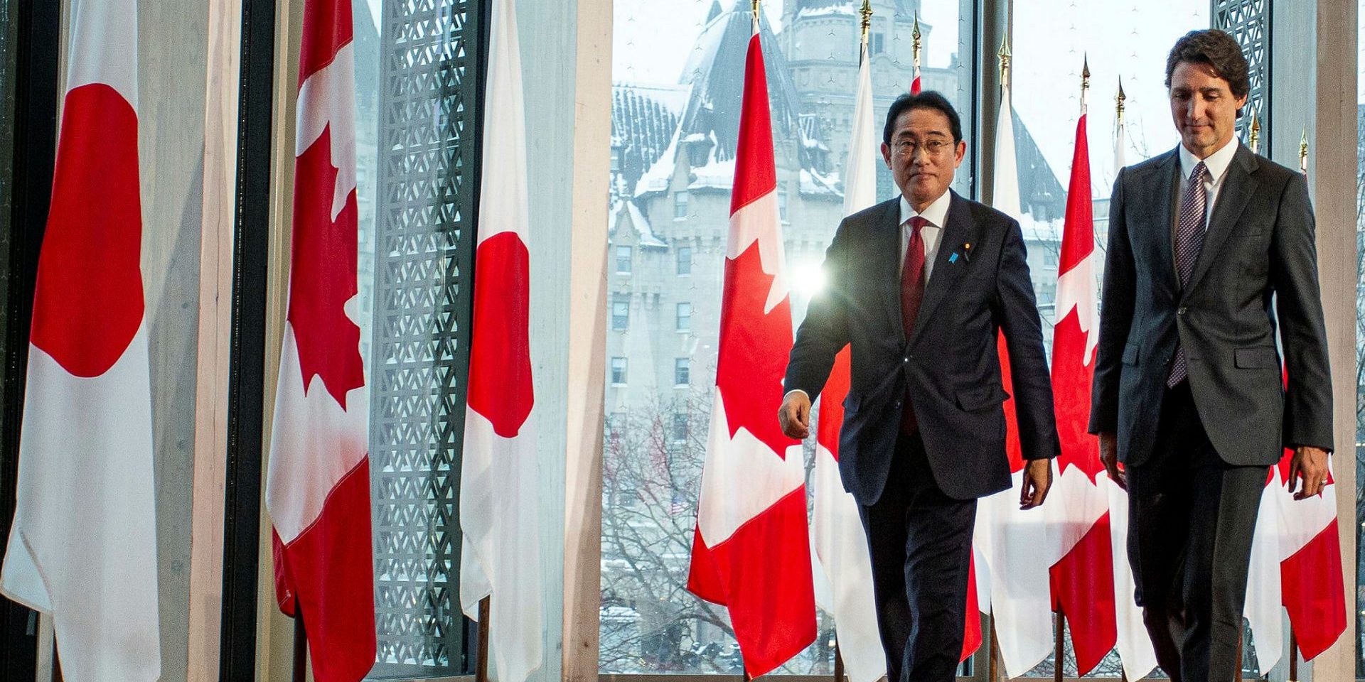Prime Minister Justin Trudeau and Japanese Prime Minister Kishida Fumio hold a joint media availability at the National Arts Centre in Ottawa on Jan. 12, 2023. Andrew Meade