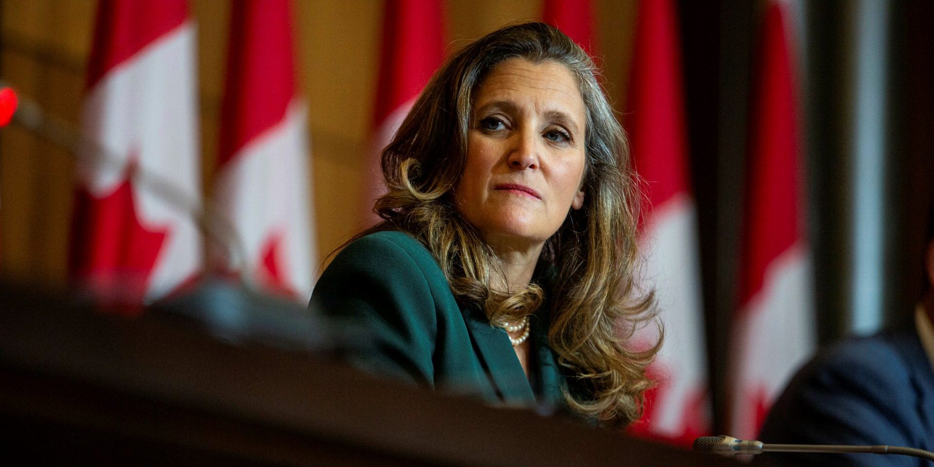 Deputy Prime Minister Chrystia Freeland holds a press conference in Ottawa on  Sept. 21, 2023, to speak about a bill to remove GST charges from new rental development and update competition law. Andrew Meade
