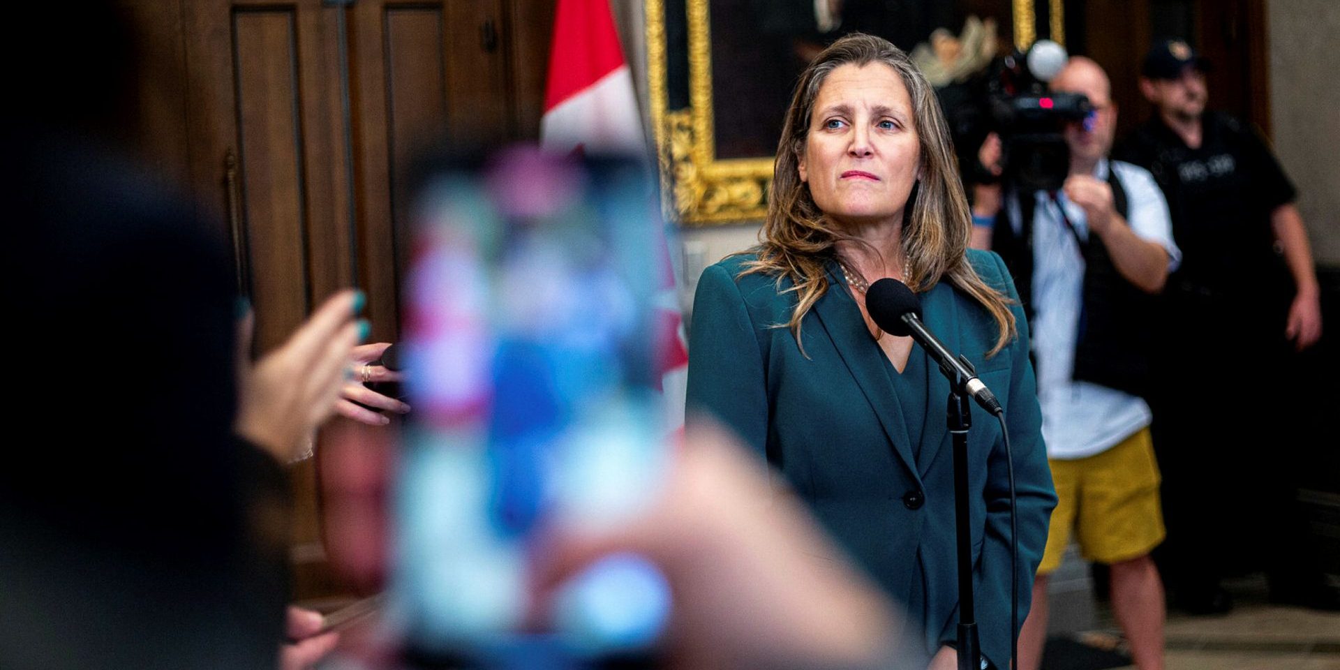 Deputy Prime Minister Chrystia Freeland speaks with reporters in the House of Commons foyer before Question Period on  Sept. 19, 2023. Andrew Meade