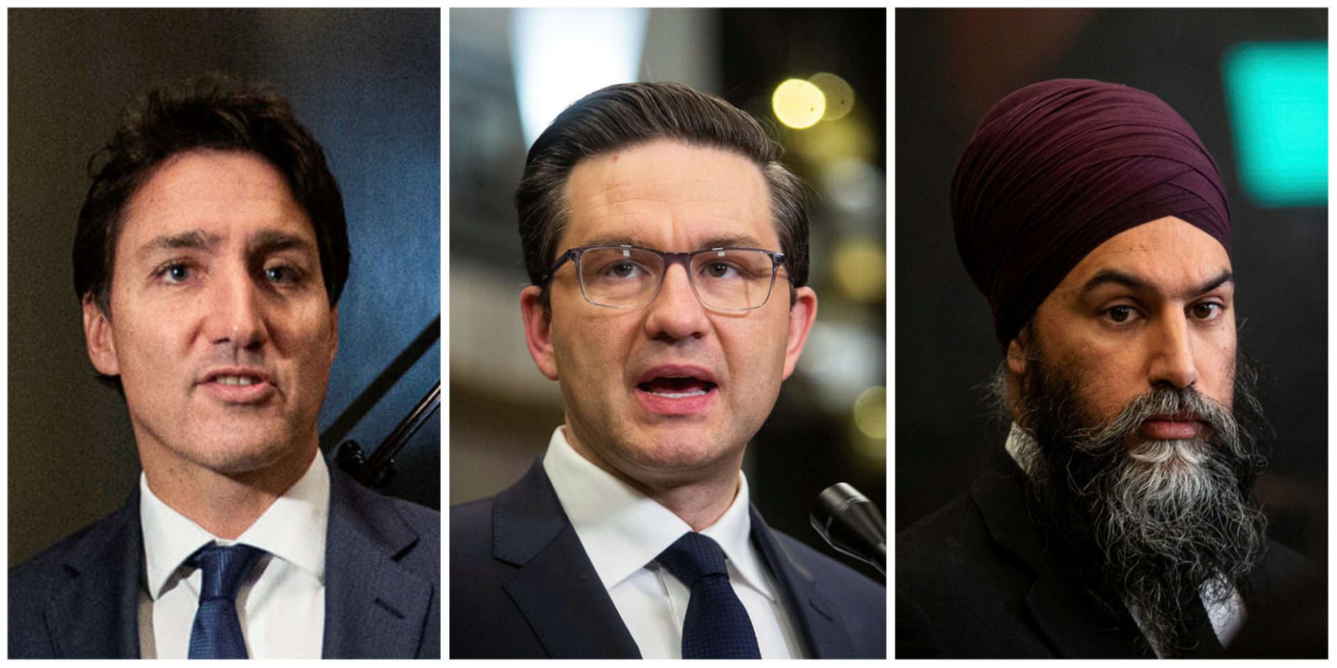 Canada's three largest political parties, headed by Liberal Leader Justin Trudeau, left, Conservative Leader Pierre Poilievre, and NDP Leader Jagmeet Singh, have all filed petitions against a ruling by the B.C. privacy commissioner that would require federal parties to comply with B.C.'s privacy laws when operating in that province. The Hill Times photographs by Andrew Meade