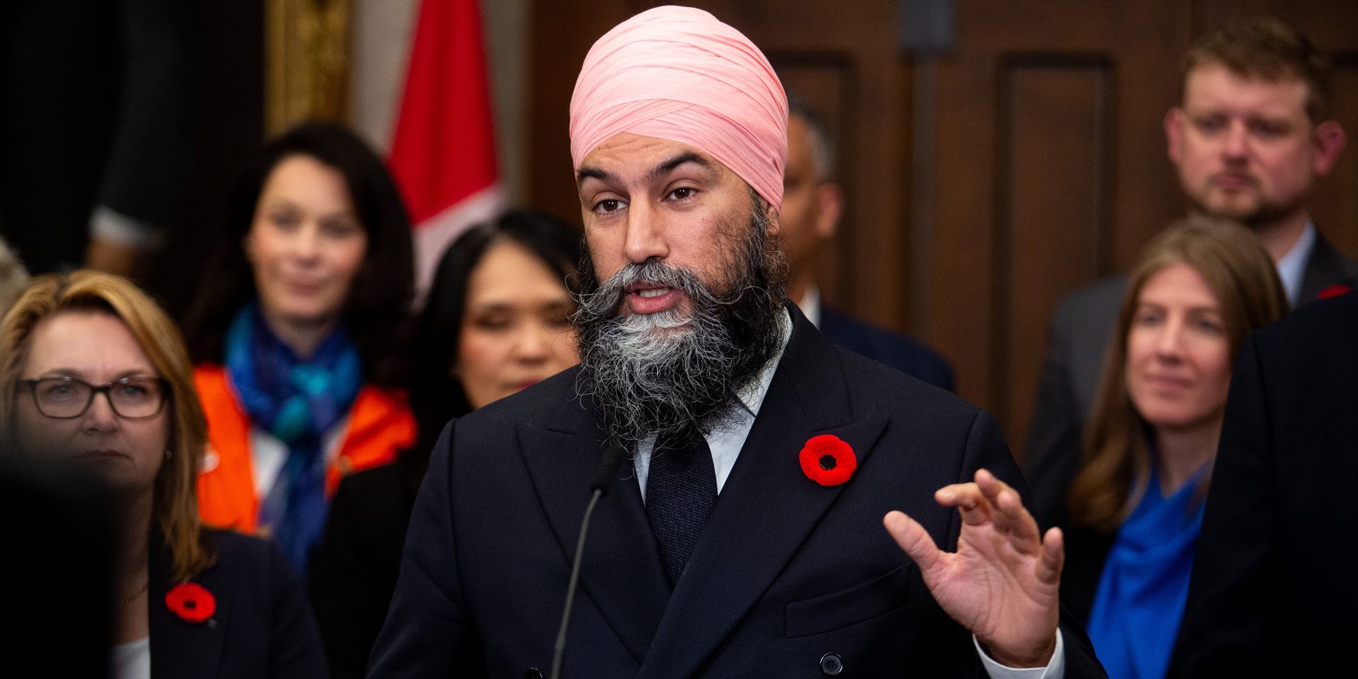 NDP leader Jagmeet Singh holds a press conference in the House of Commons foyer on  Nov. 9, 2023, ahead of the tabling anti-scab legislation Bill C-58. The Hill Times photograph by Andrew Meade