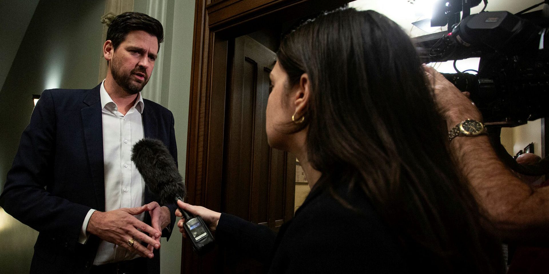 Minister of Housing, Infrastructure and Communities Sean Fraser speaks with reporters before the Liberal party caucus meeting in West Block on Nov. 29, 2023.