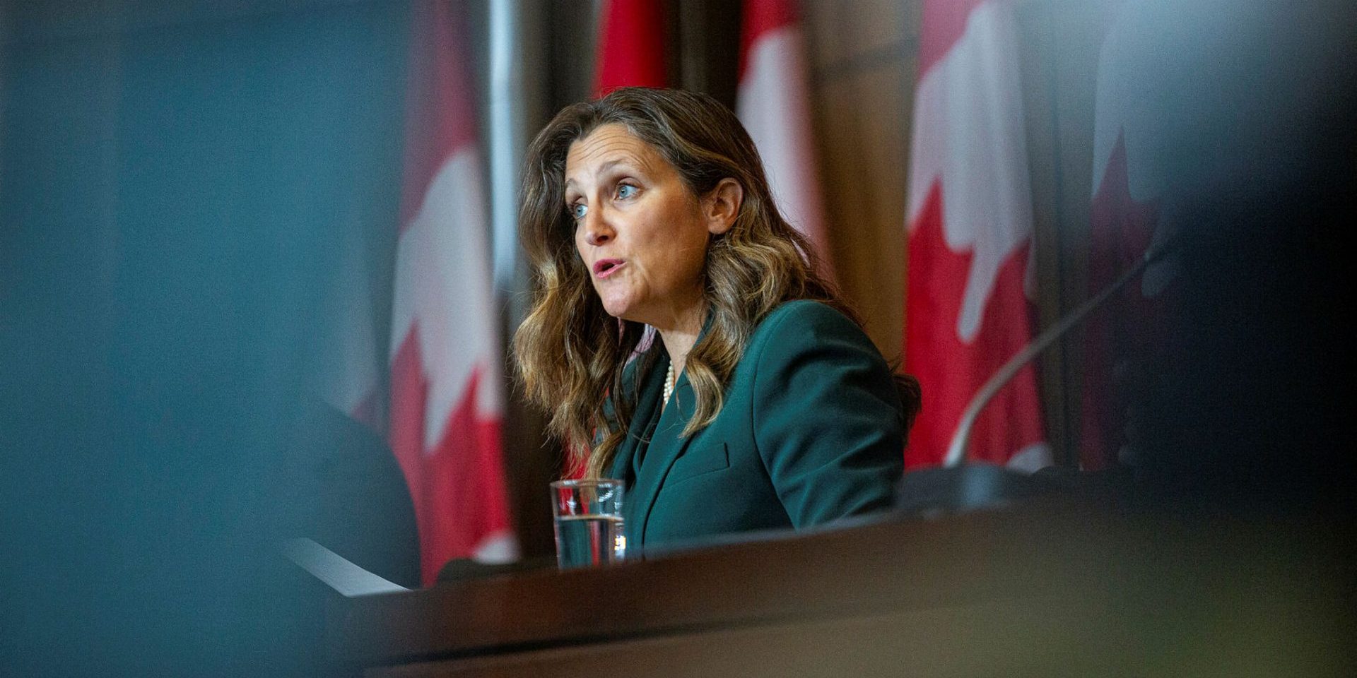 Minister of Finance Chrystia Freeland speaks at a press conference in Ottawa on Sept. 26, 2023, to announce that the annual limit for Canada Mortgage Bonds is being increased from $40 billion to up to $60 billion.