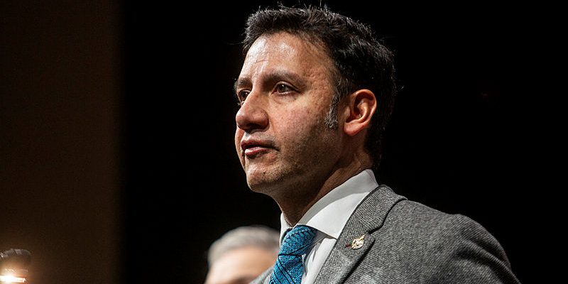 Minister of Justice Arif Virani speaks at a press conference in Ottawa on Feb. 8, 2024, at the National Summit on Combatting Auto Theft.