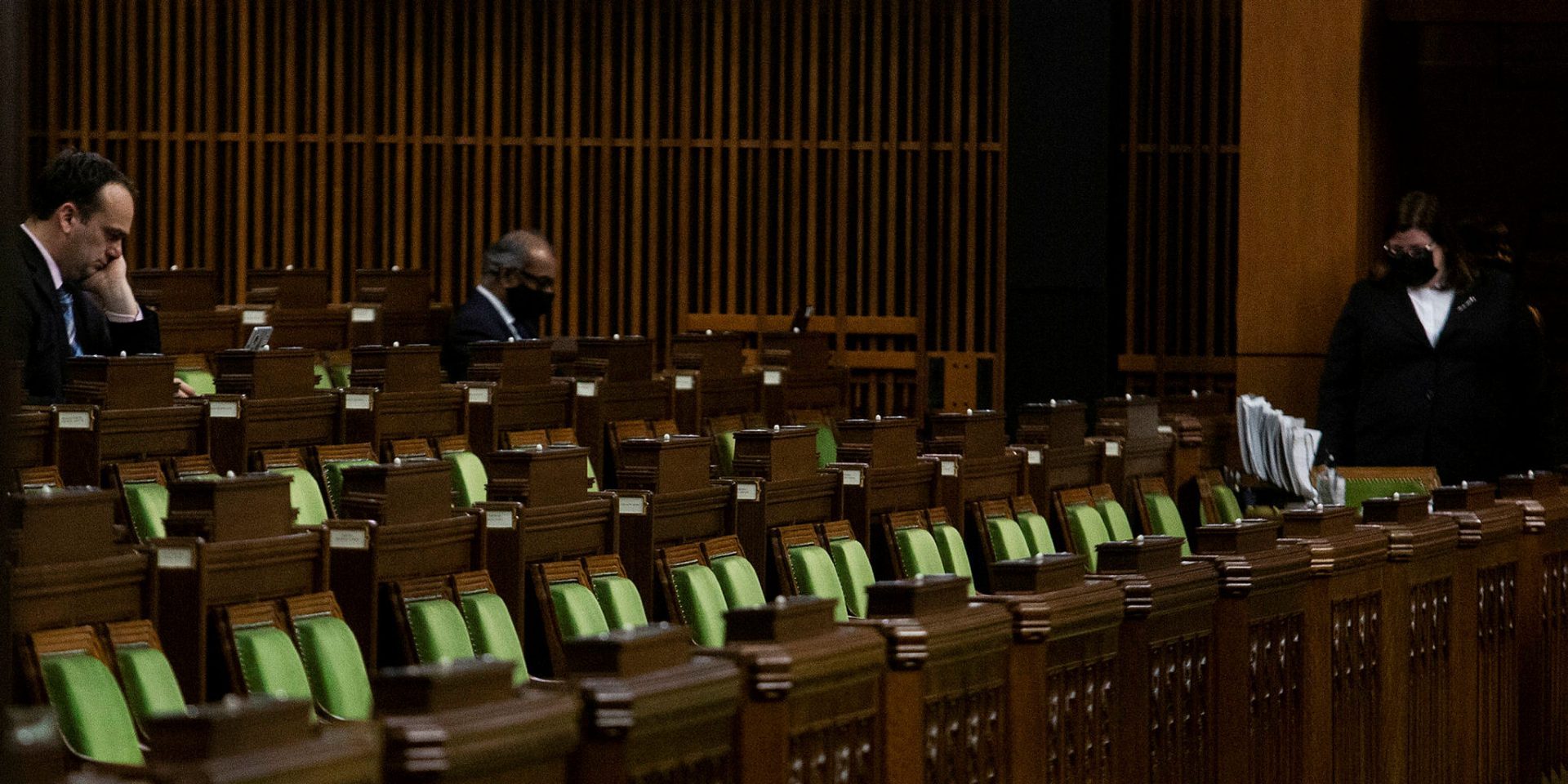Members’ seats sit empty for Question Period in West Block on Feb. 24, 2021 as a result of virtual hybrid sittings due to COVID-19.
