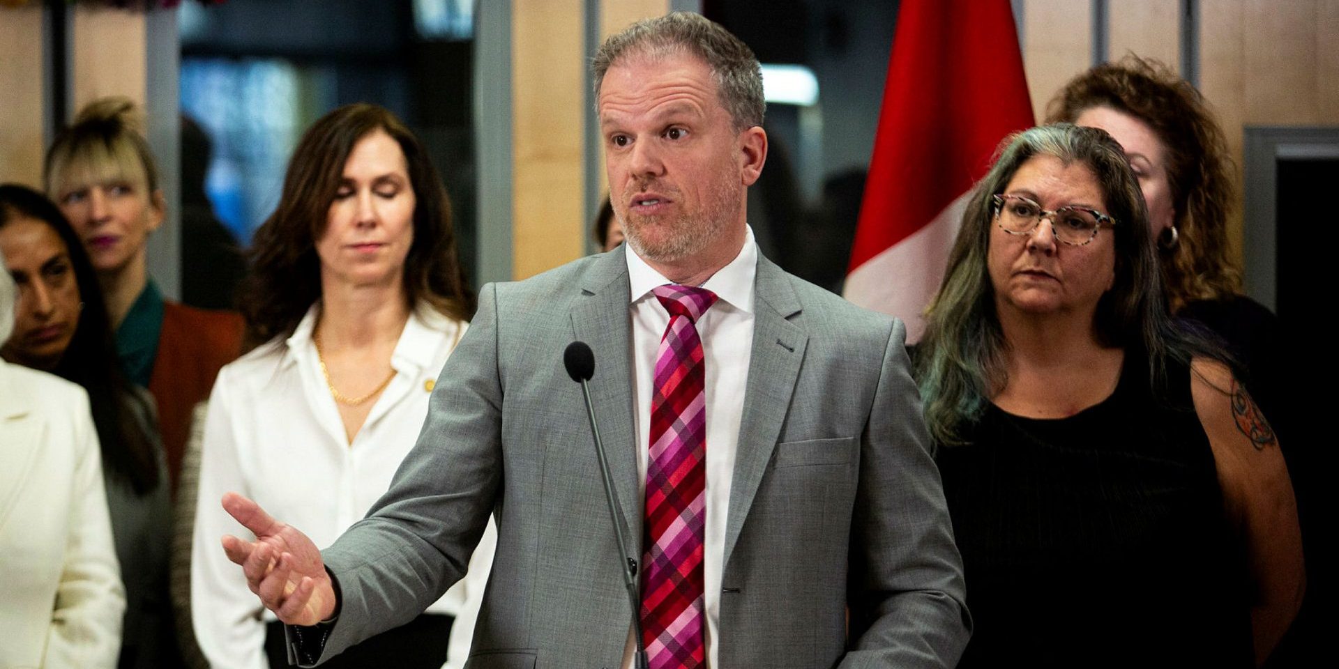 Minister of Health Mark Holland holds a press conference at the Centretown Community health centre on Feb. 29, 2024, to speak with reporters about the government’s introduction of the Pharmacare Act.