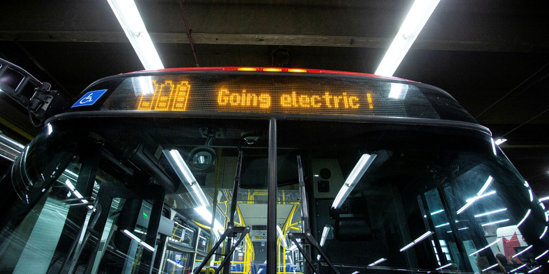 An electric bus is pictured at the OCTranspo garage on St. Laurent Boulevard before President of the Treasury Board Mona Fortier  and Mayor of Ottawa Mark Sutcliffe make an announcement about zero emission public transit infrastructure for the OCTranspo fleet on Jan. 19, 2023.